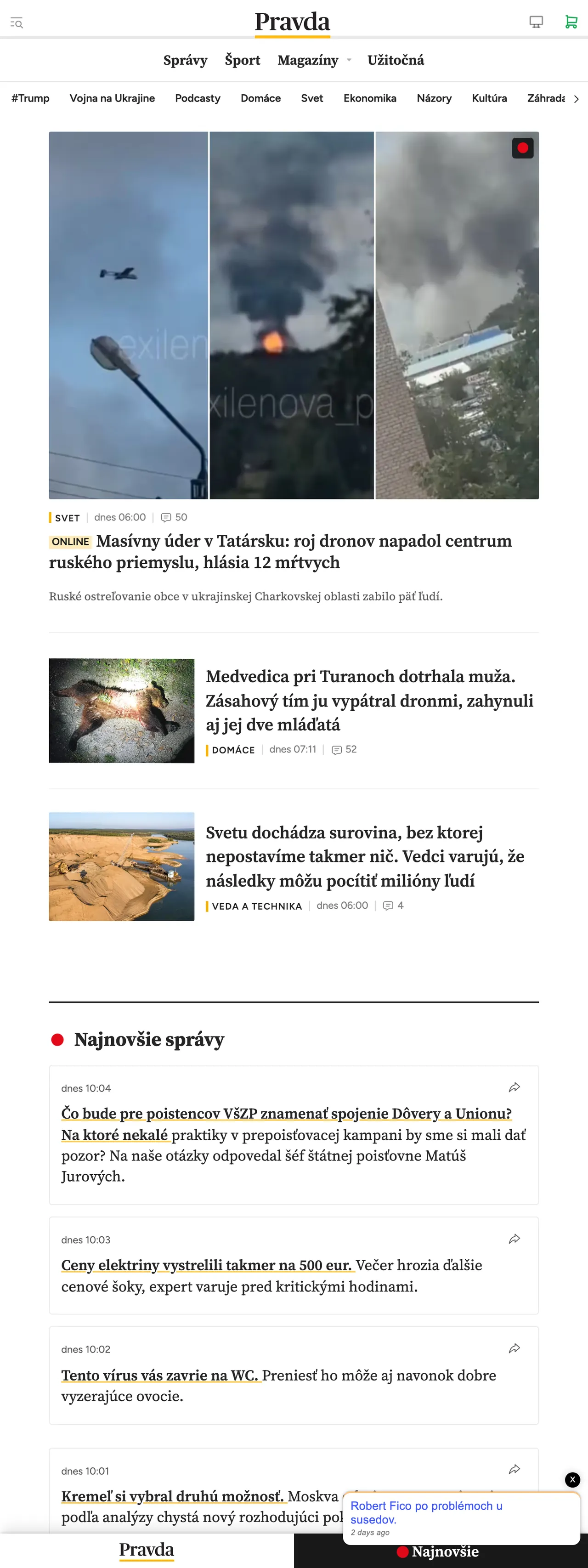 Screenshot of the Pravda front page