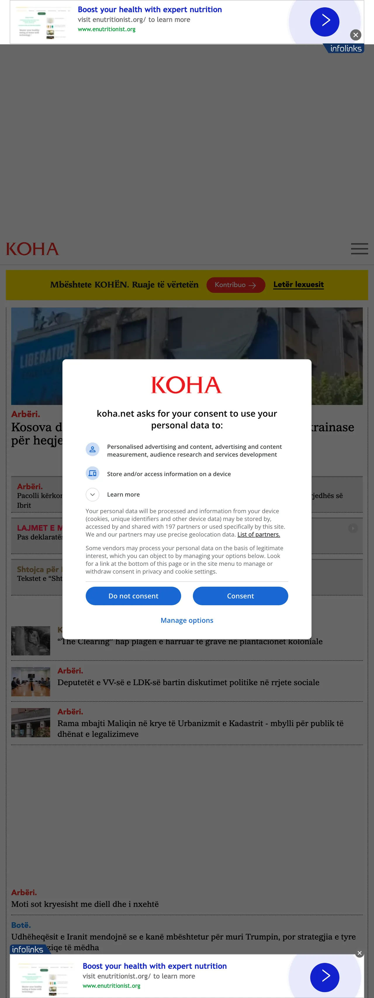 Screenshot of the Koha Ditore front page