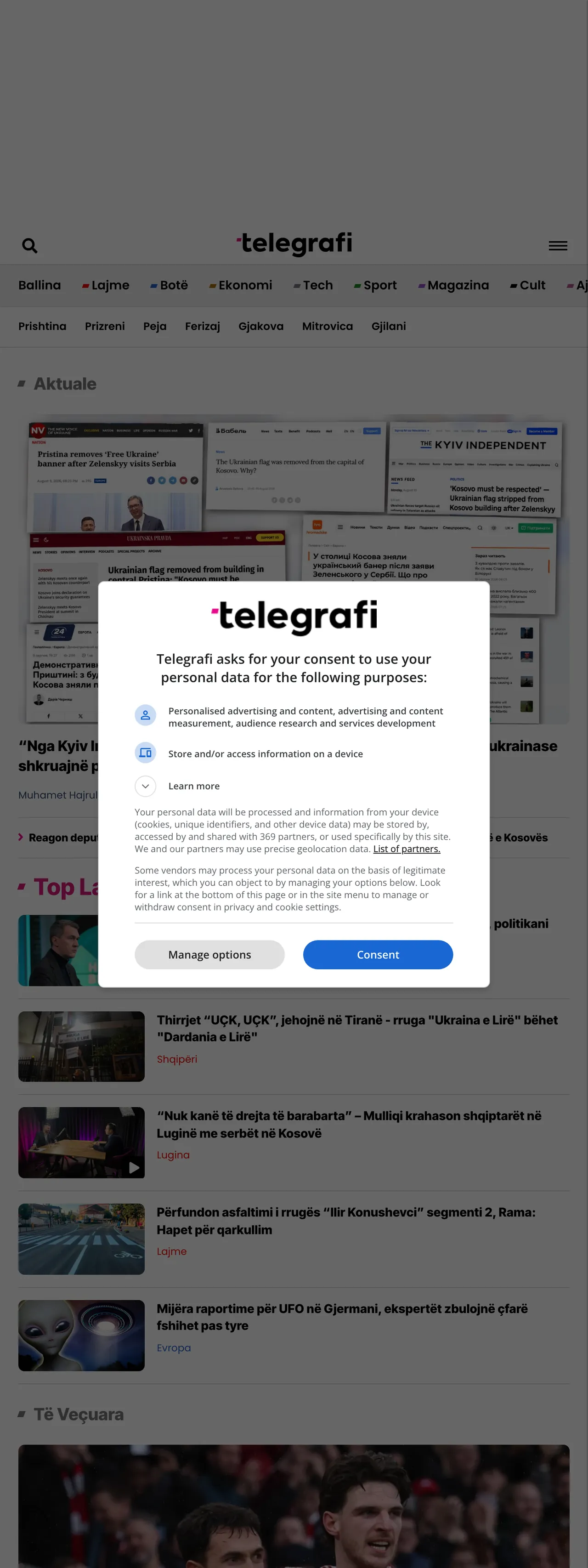 Screenshot of the Telegrafi front page