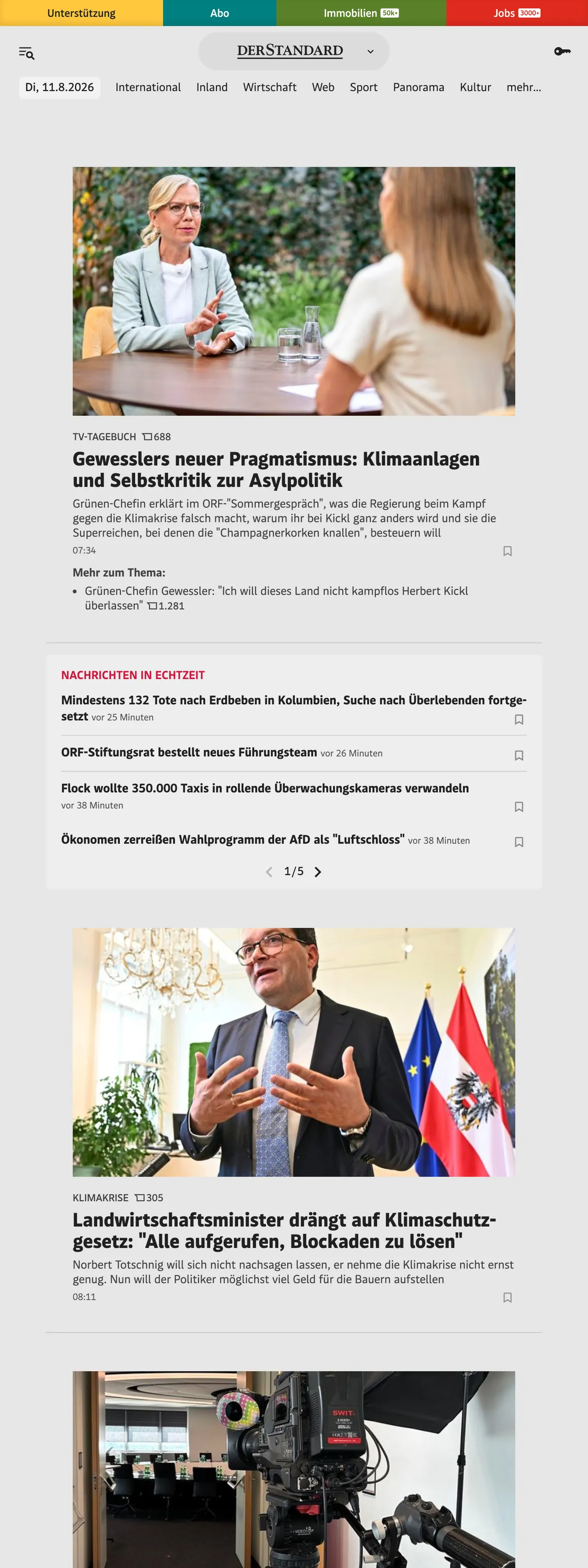Screenshot of the DER STANDARD front page