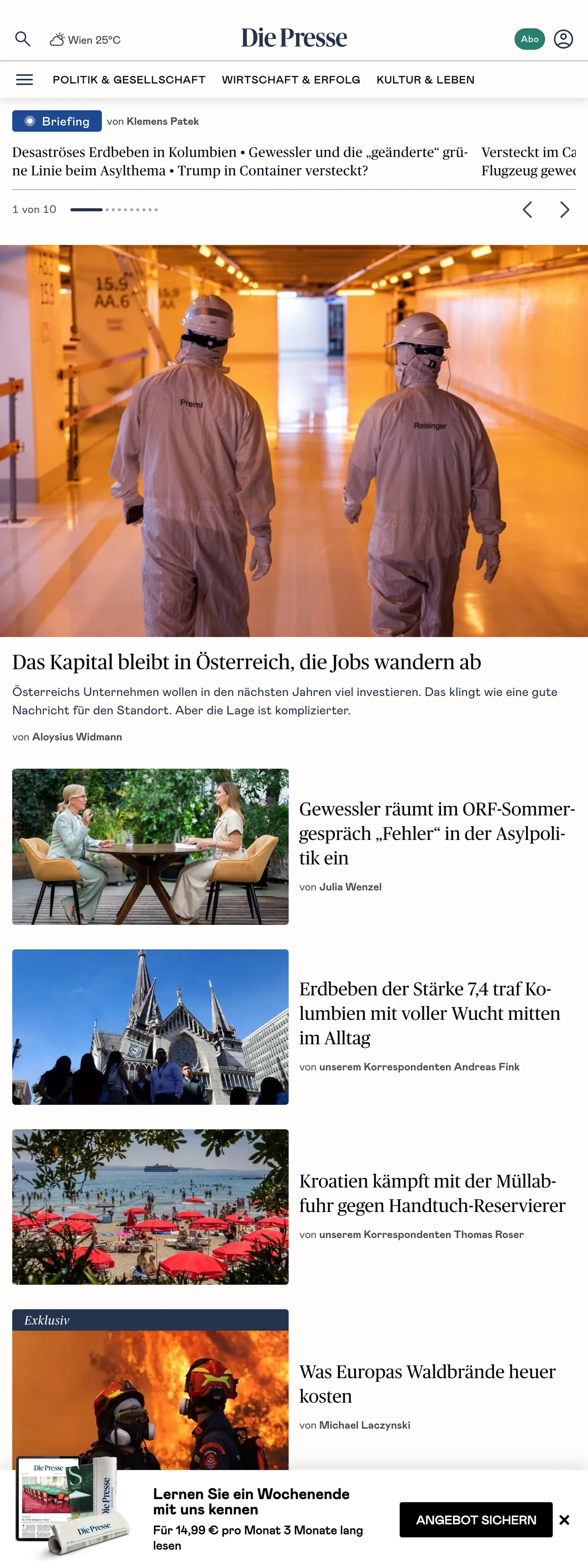 Screenshot of the Die Presse front page