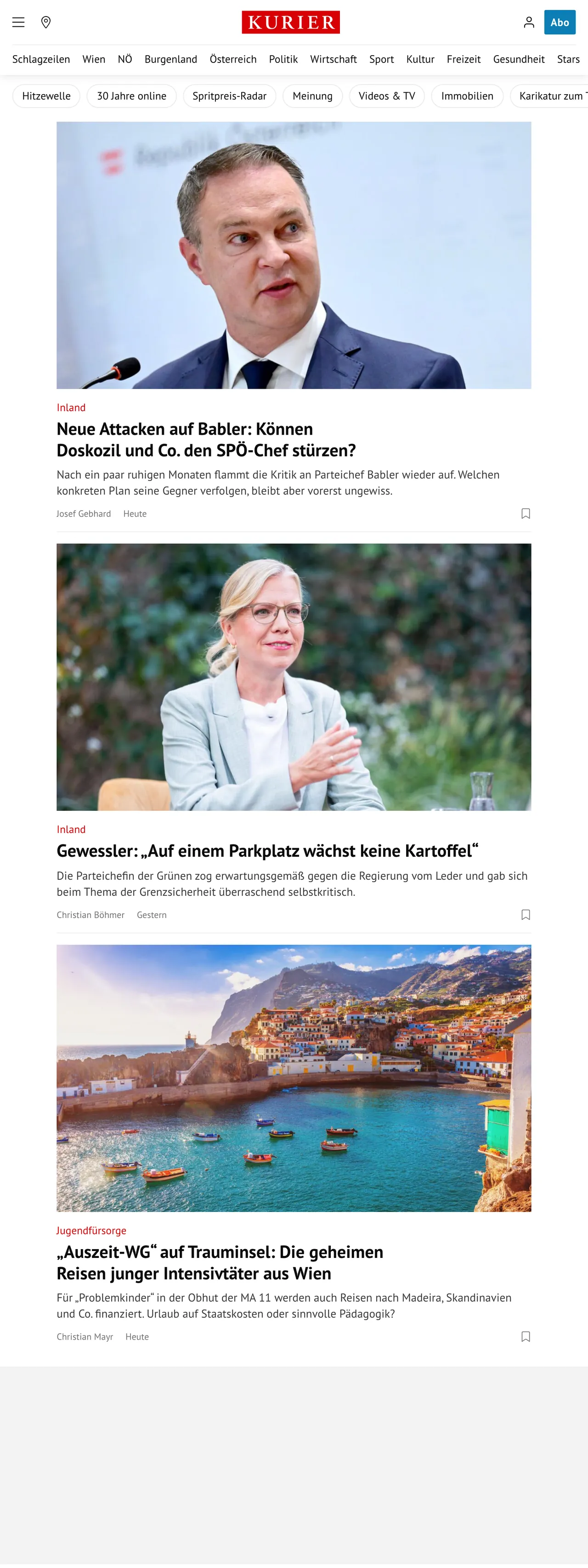 Screenshot of the Kurier front page