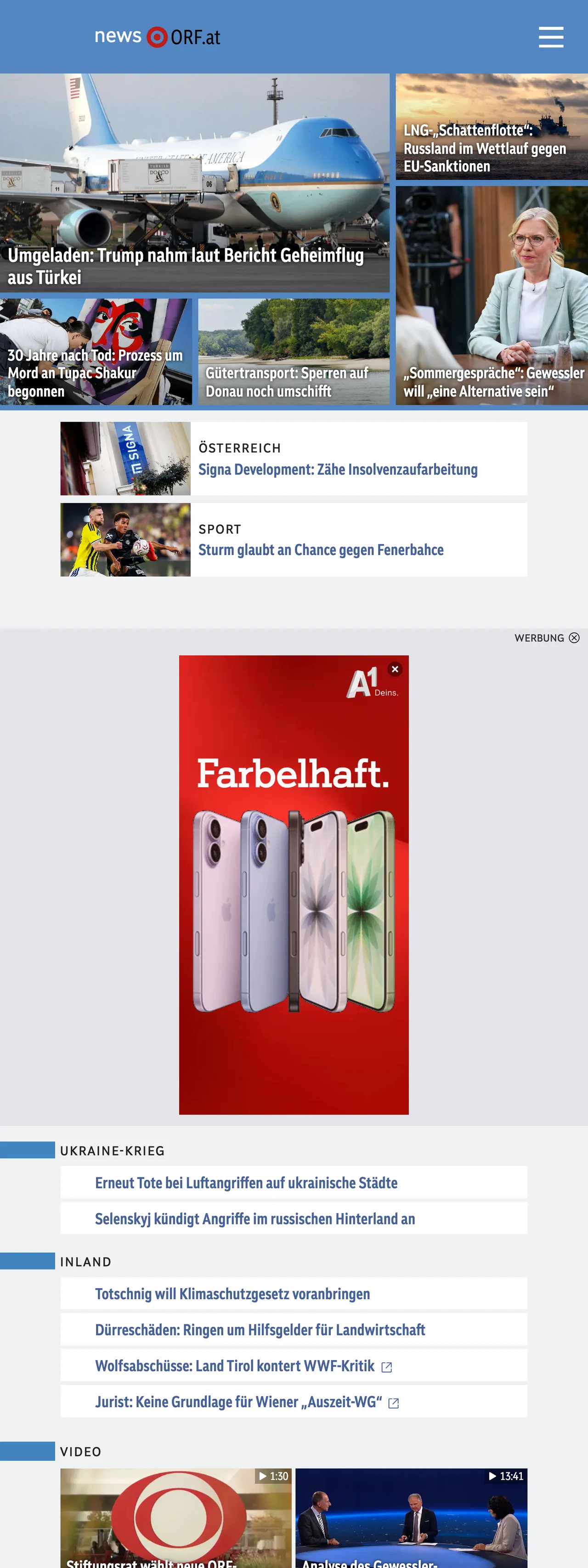 Screenshot of the ORF front page