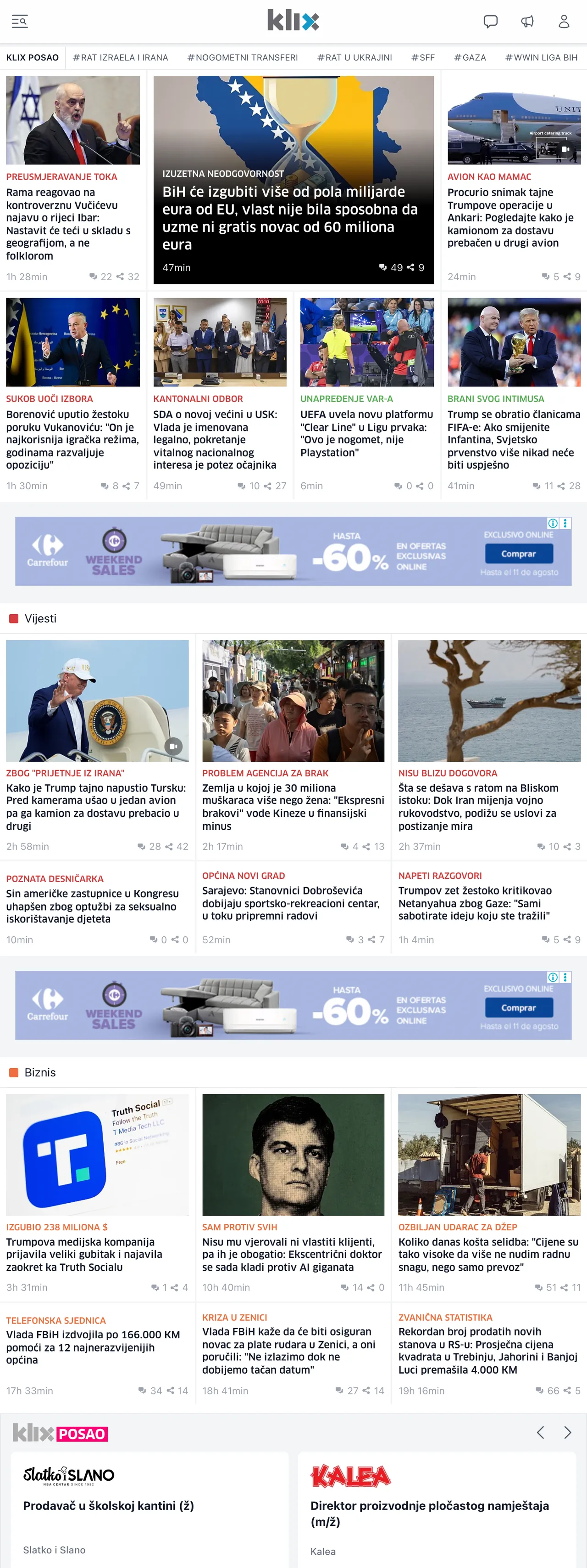 Screenshot of the Klix.ba front page