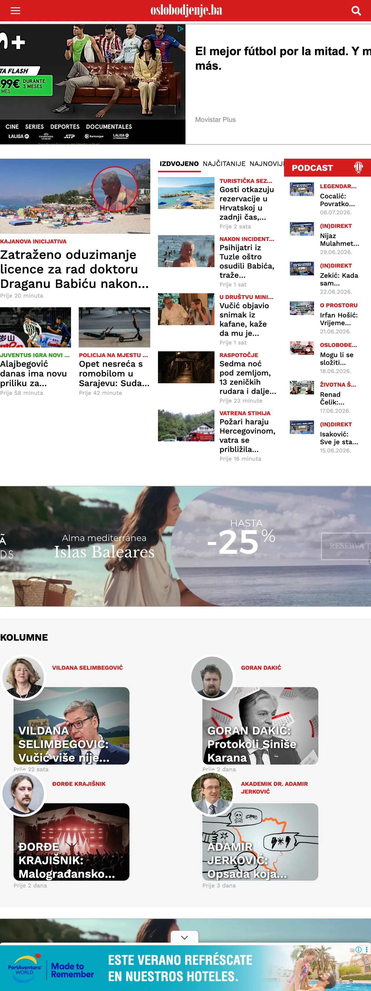 Screenshot of the Oslobođenje front page