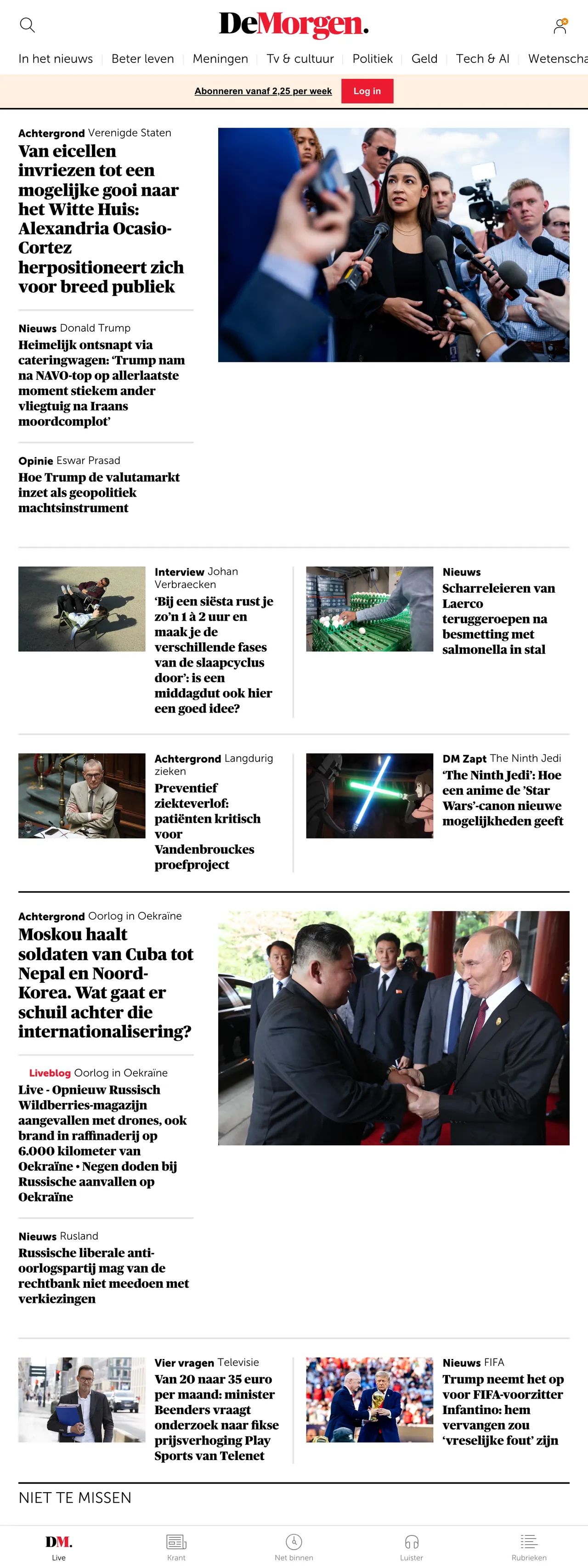 Screenshot of the De Morgen front page