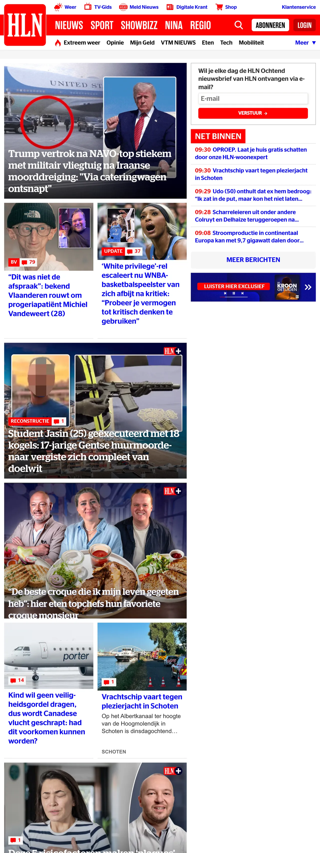 Screenshot of the HLN front page