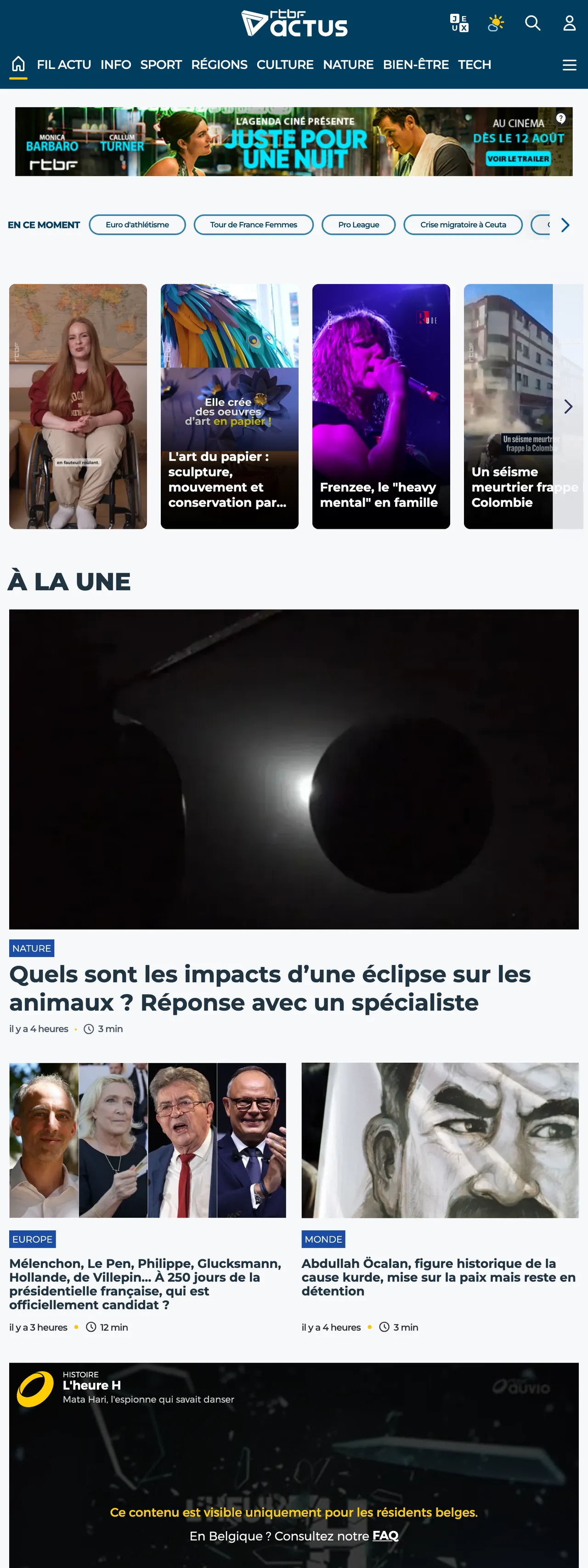 Screenshot of the RTBF front page