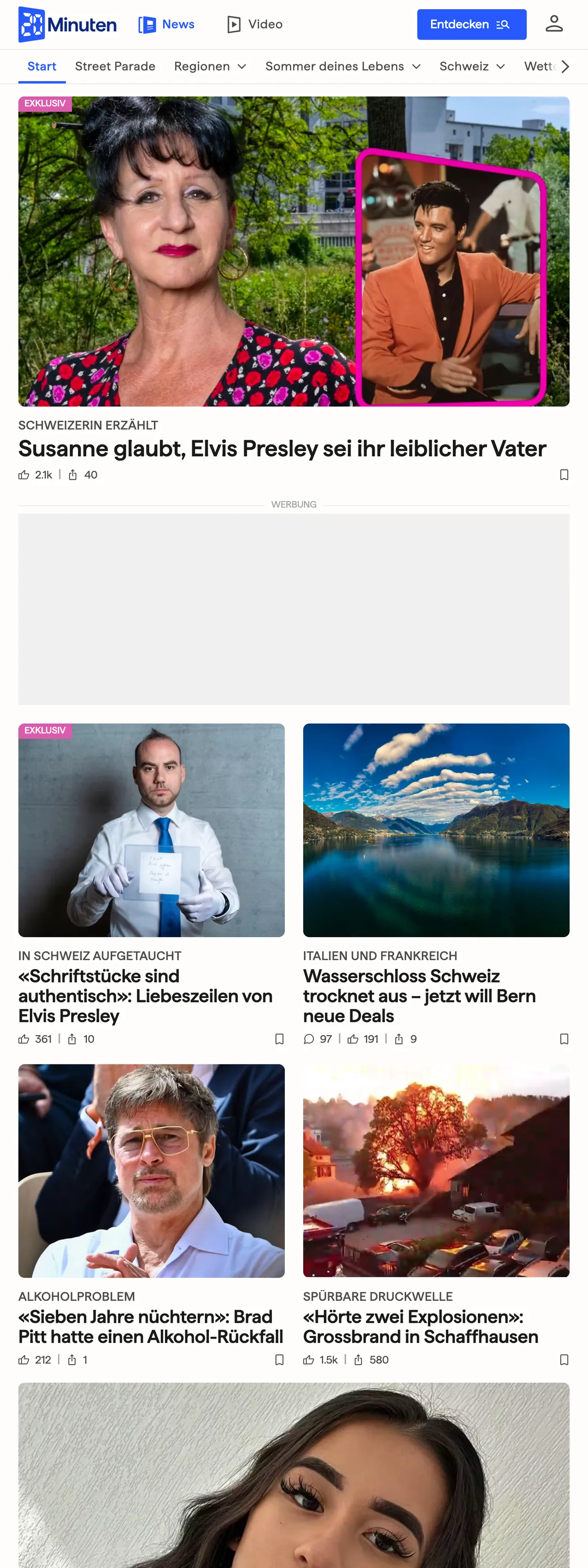 Screenshot of the 20 Minuten front page