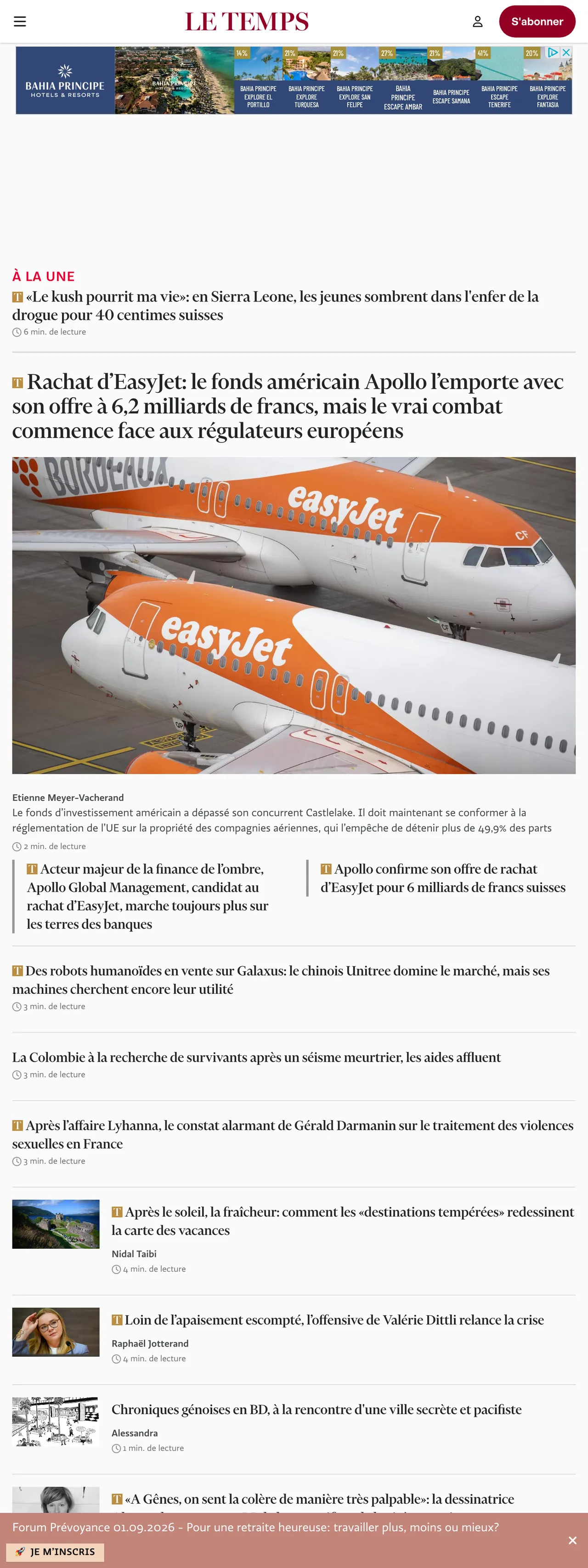 Screenshot of the Le Temps front page