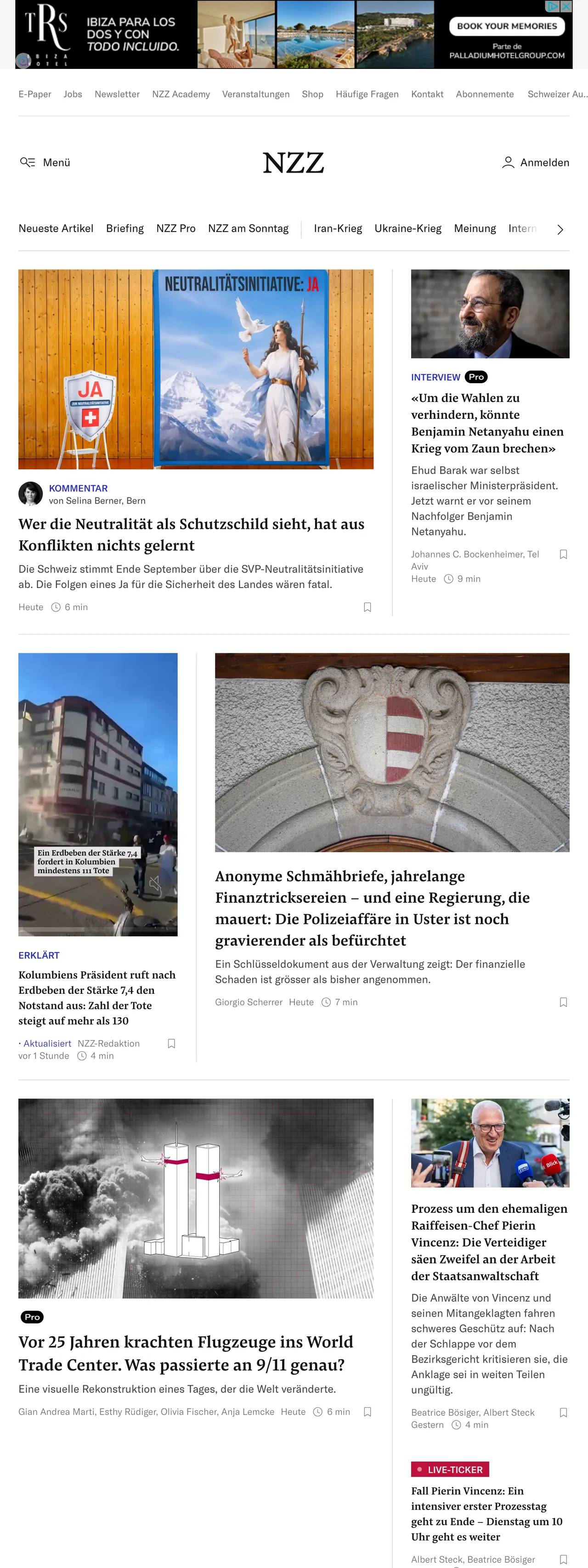 Screenshot of the Neue Zürcher Zeitung front page