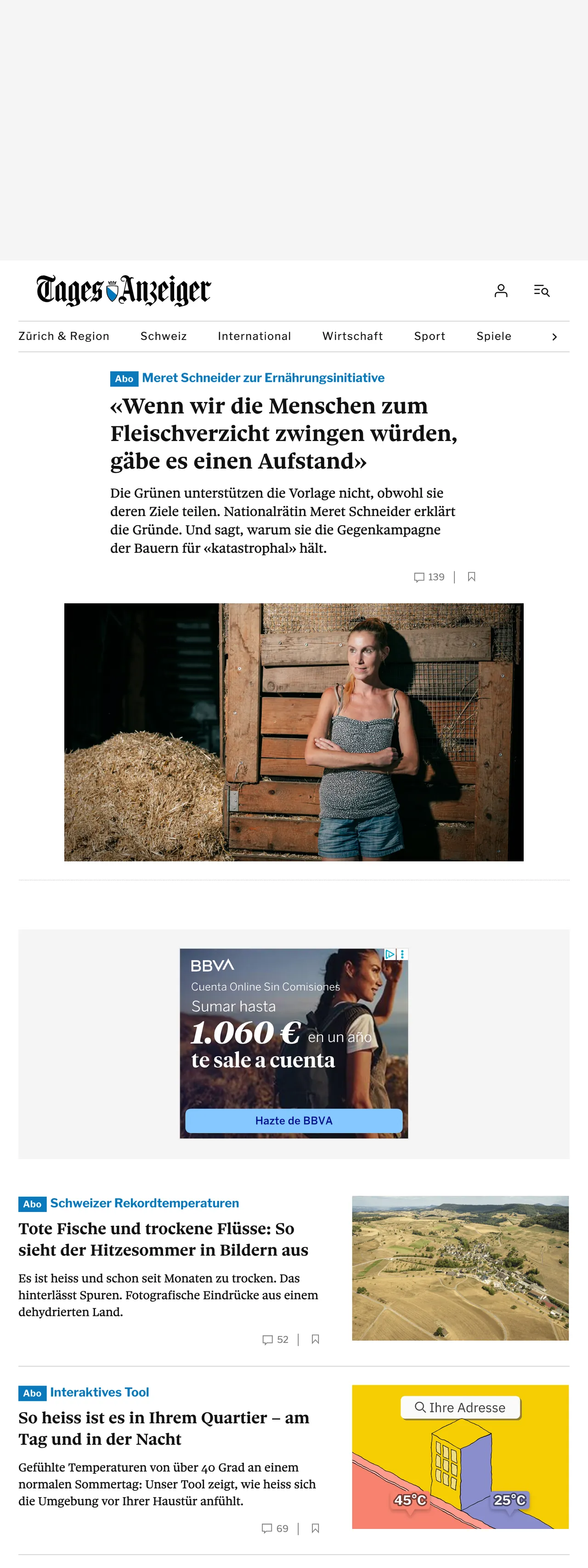 Screenshot of the Tages-Anzeiger front page