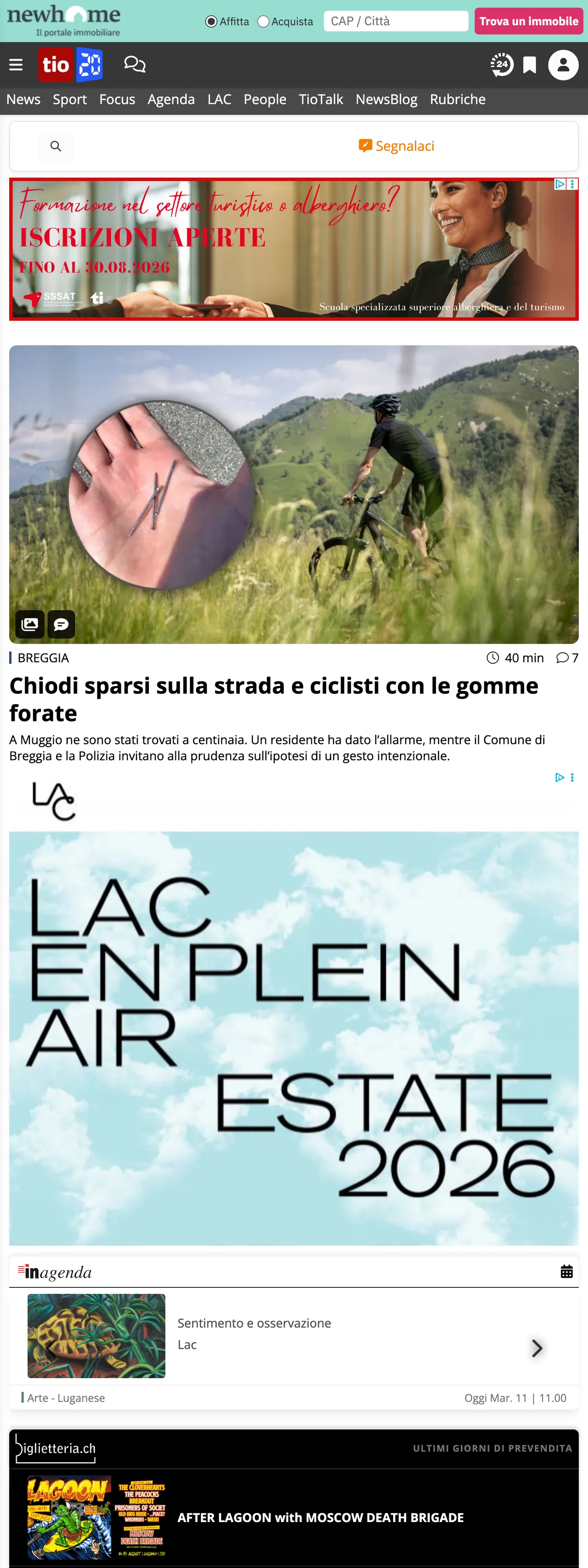 Screenshot of the Ticinonline front page
