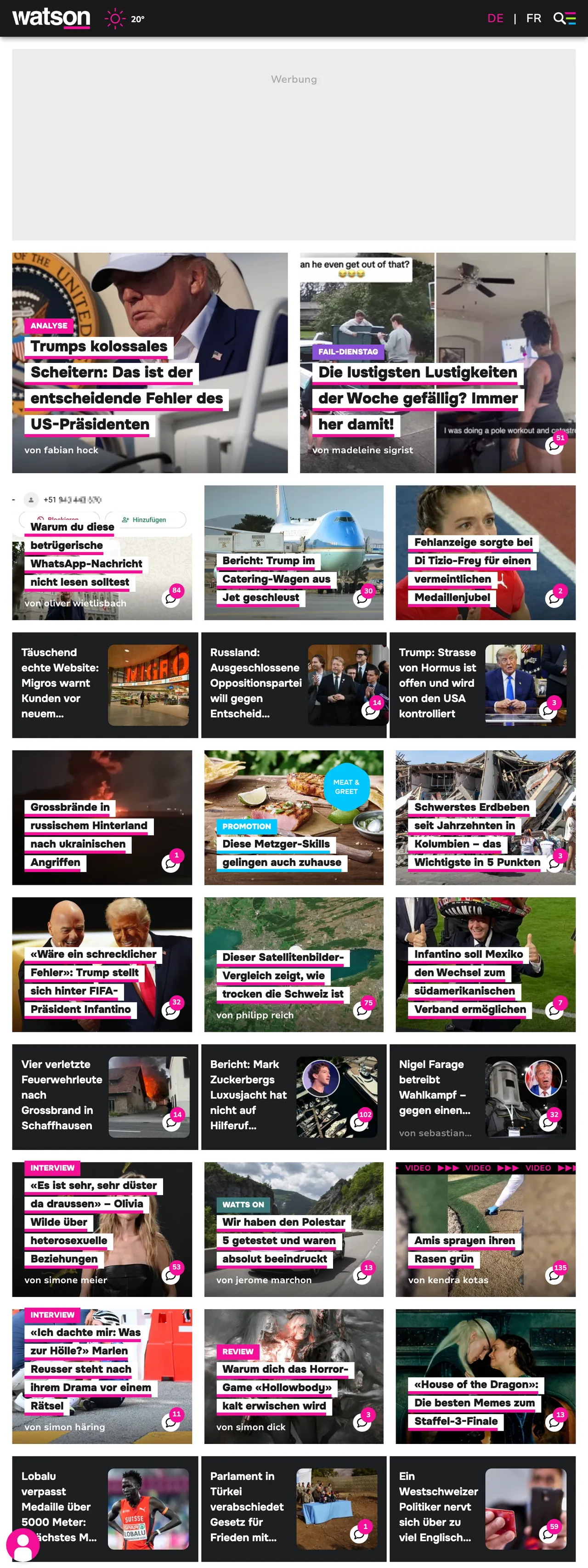 Screenshot of the watson front page