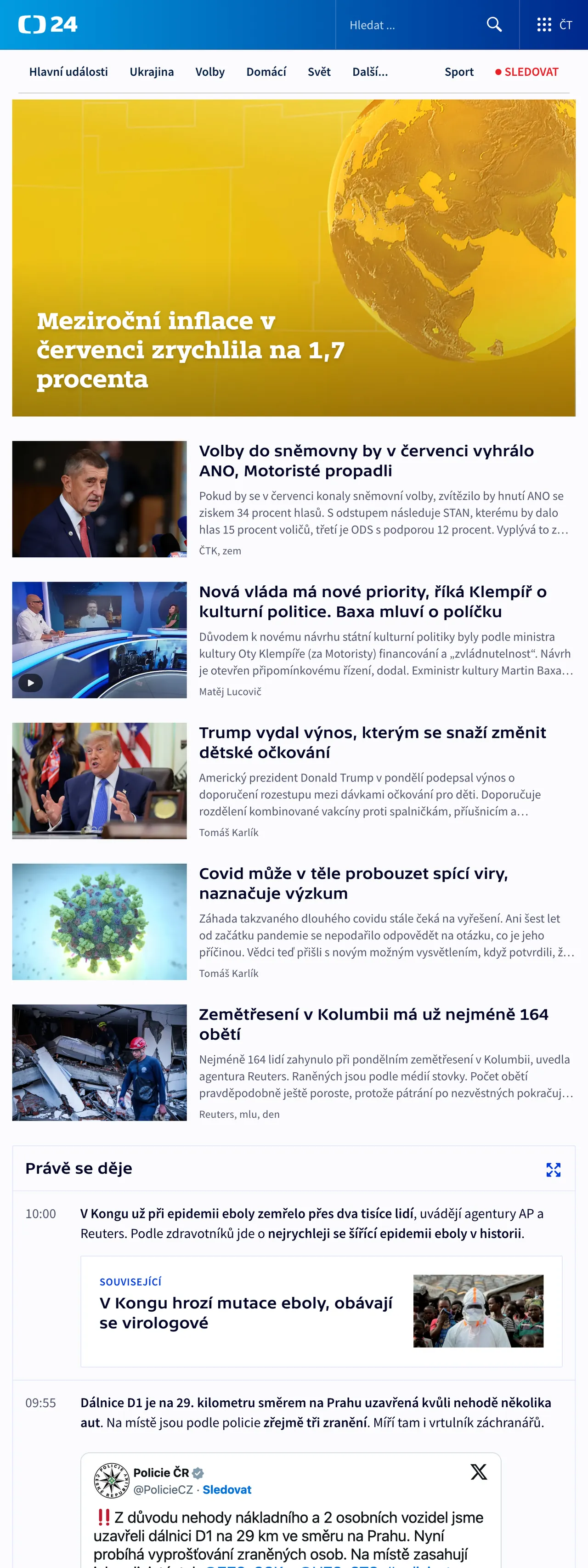 Screenshot of the ČT24 front page