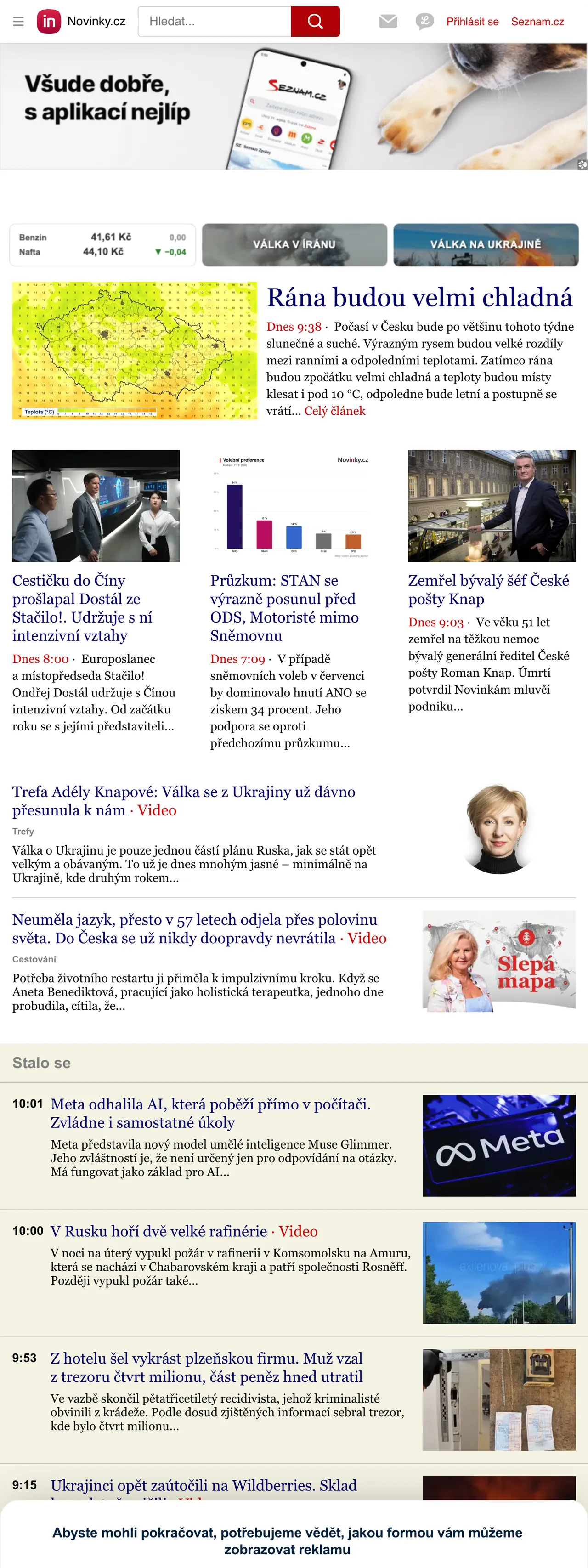 Screenshot of the Novinky.cz front page
