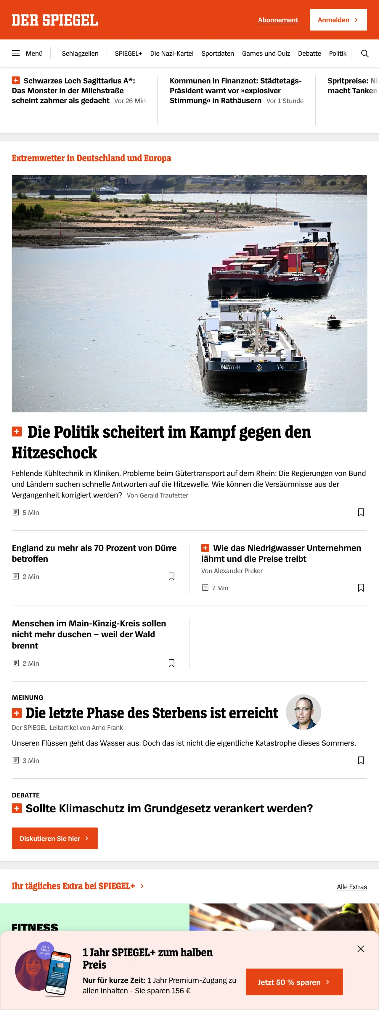 Screenshot of the DER SPIEGEL front page