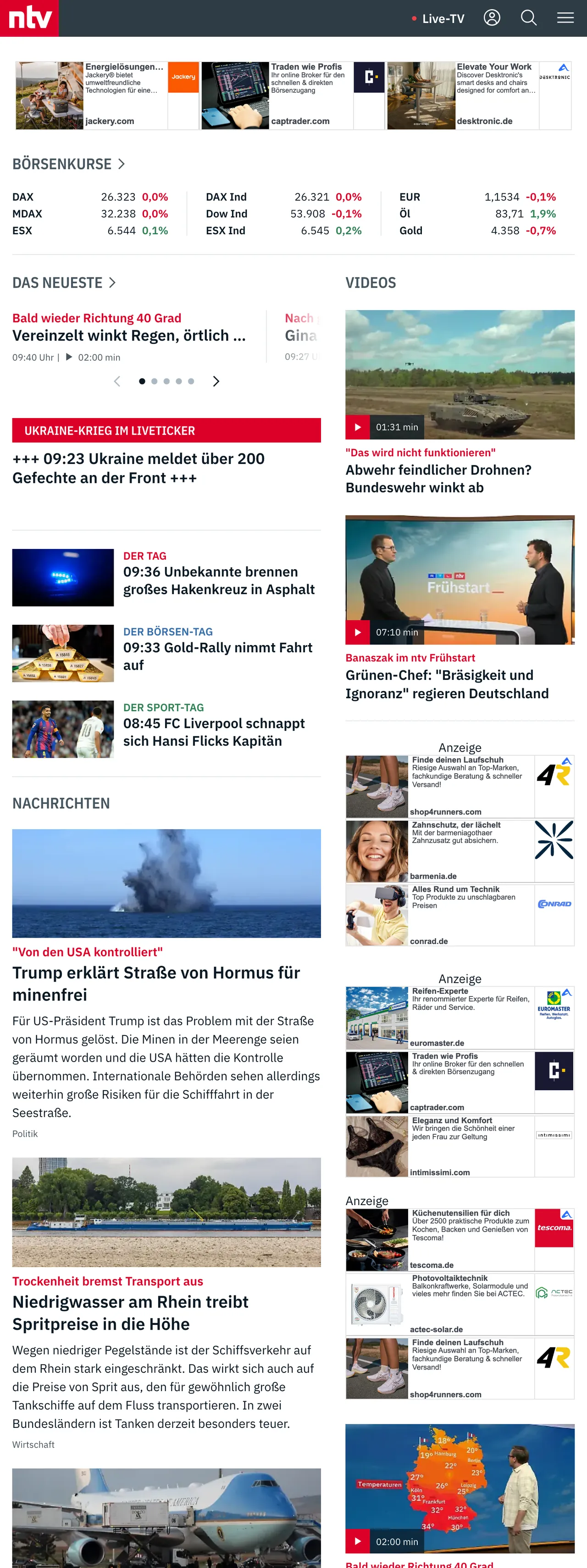 Screenshot of the n-tv front page