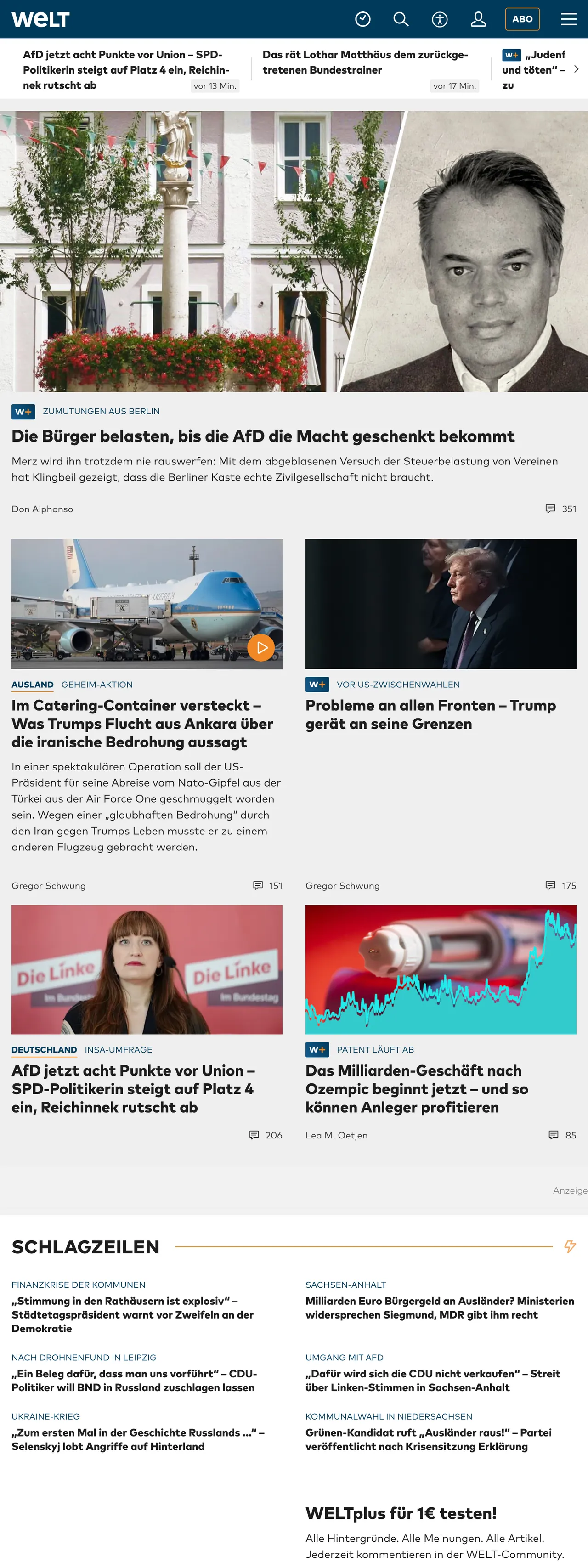 Screenshot of the WELT front page