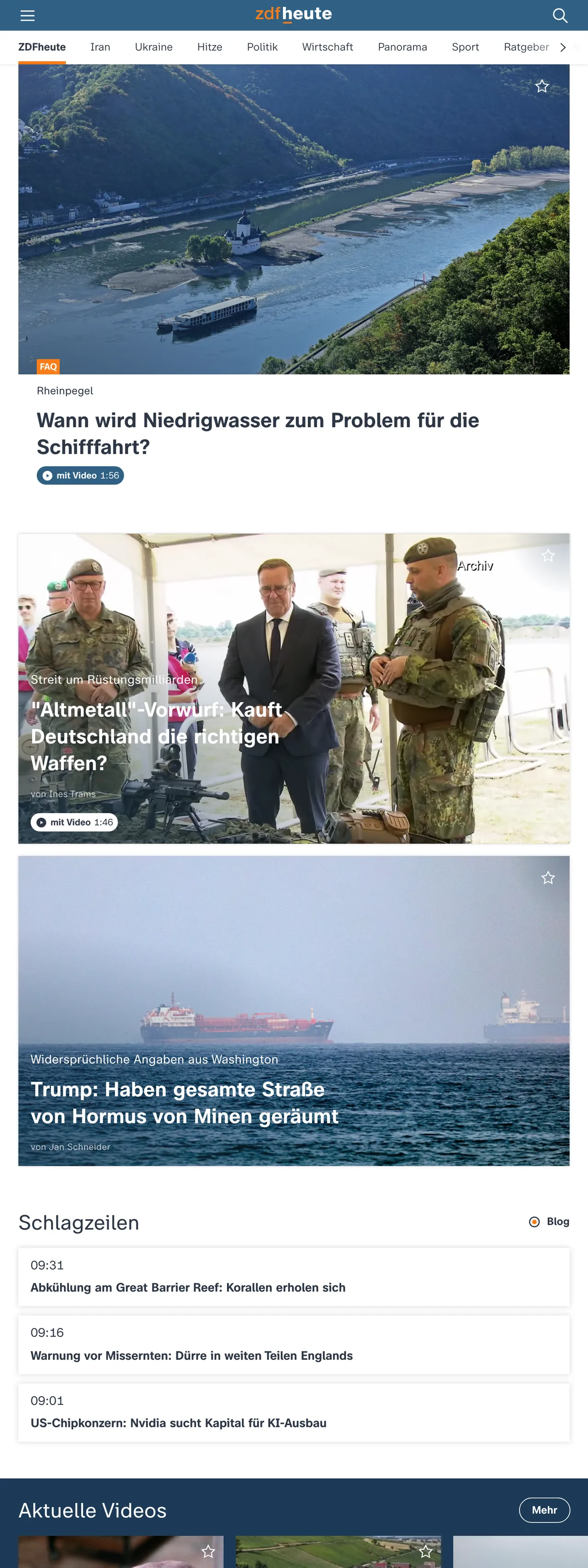 Screenshot of the ZDFheute front page