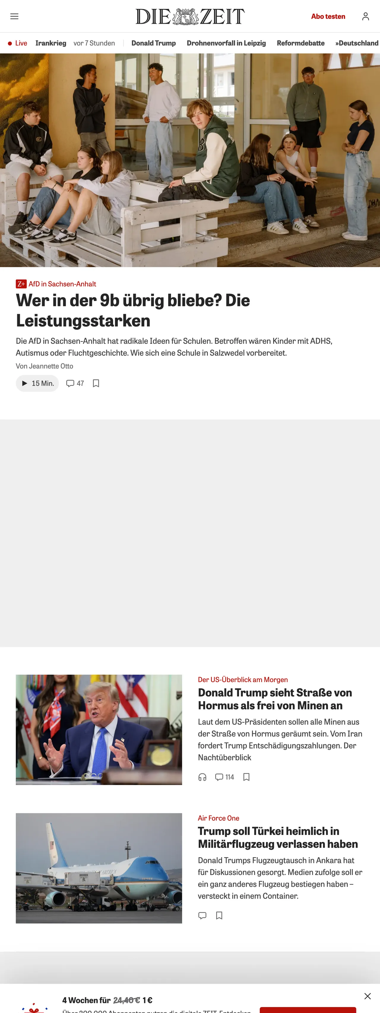 Screenshot of the ZEIT ONLINE front page