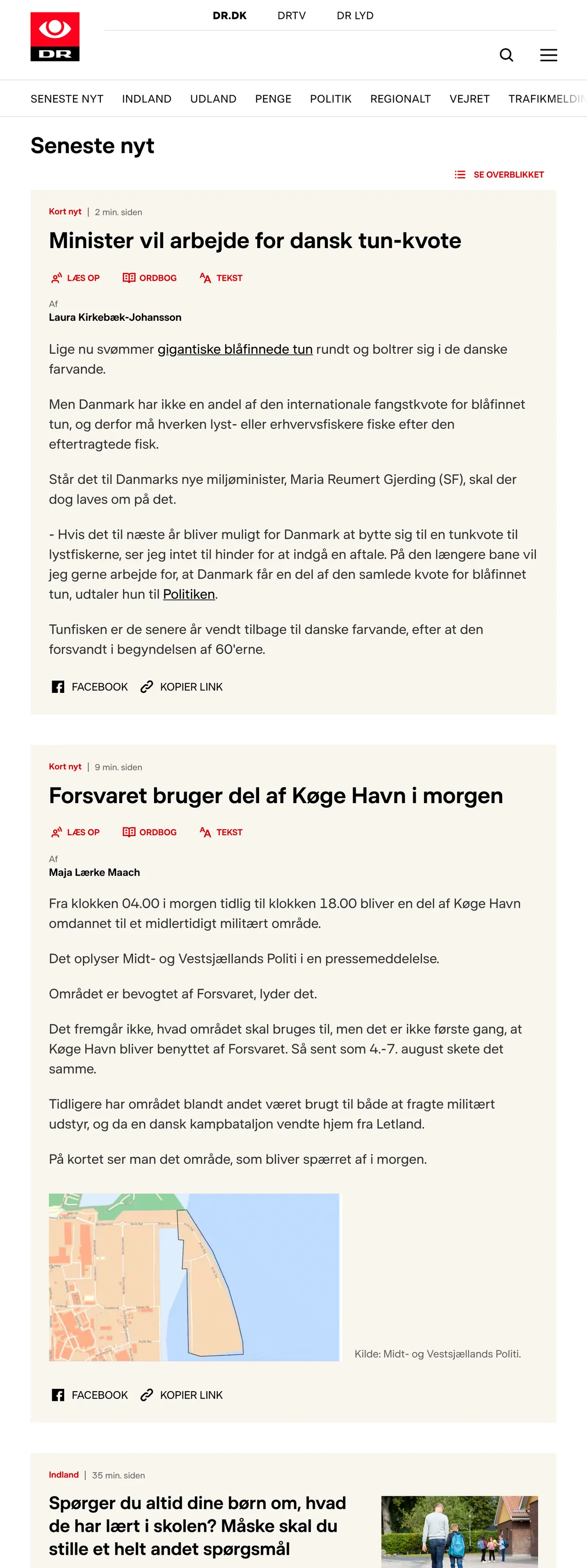 Screenshot of the DR front page