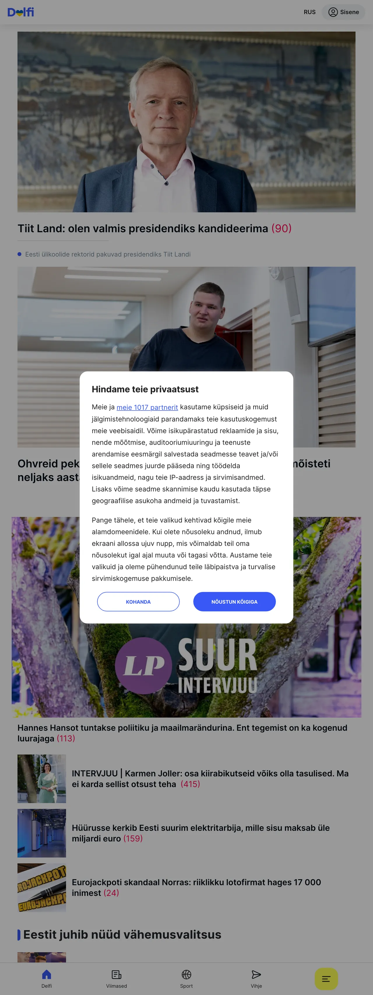 Screenshot of the Delfi front page