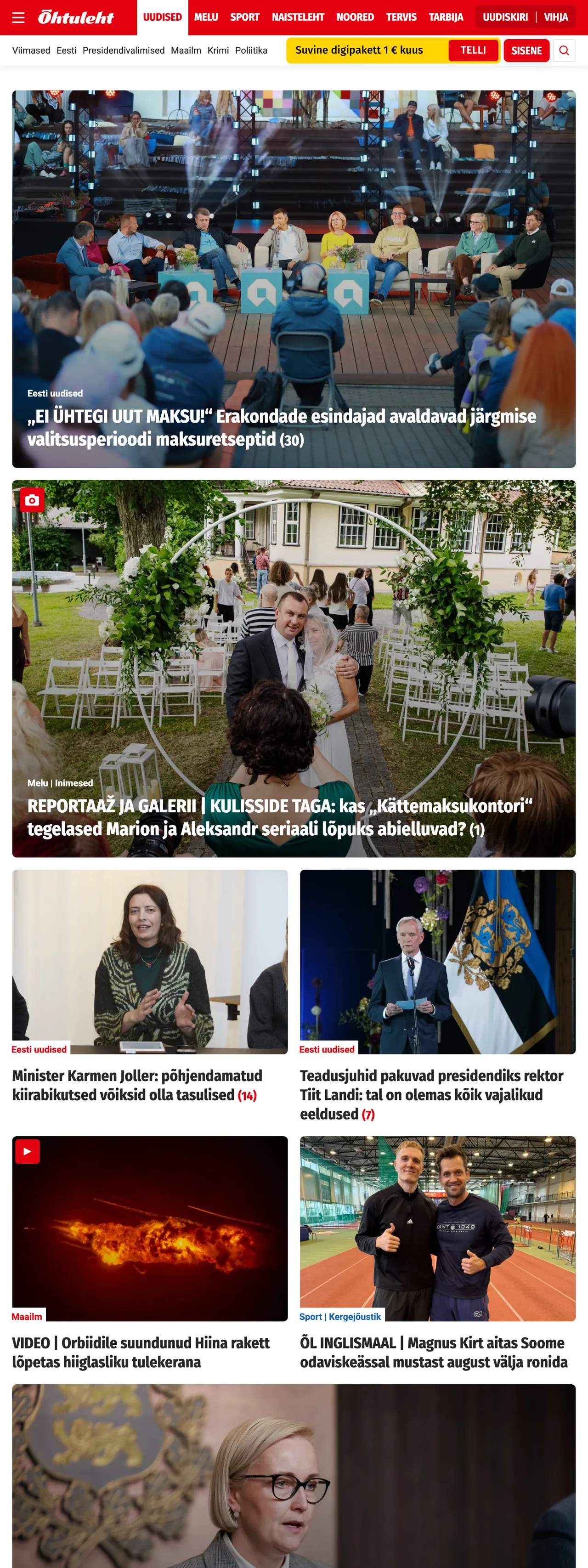 Screenshot of the Õhtuleht front page