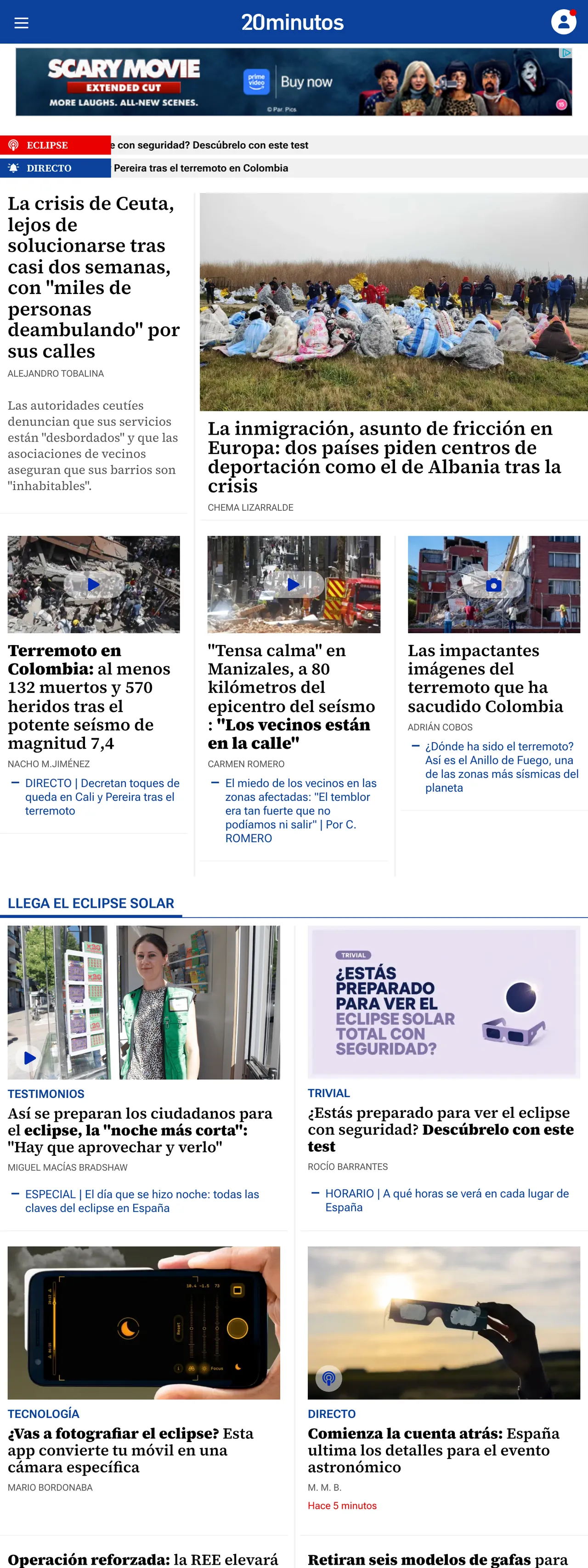 Screenshot of the 20minutos front page