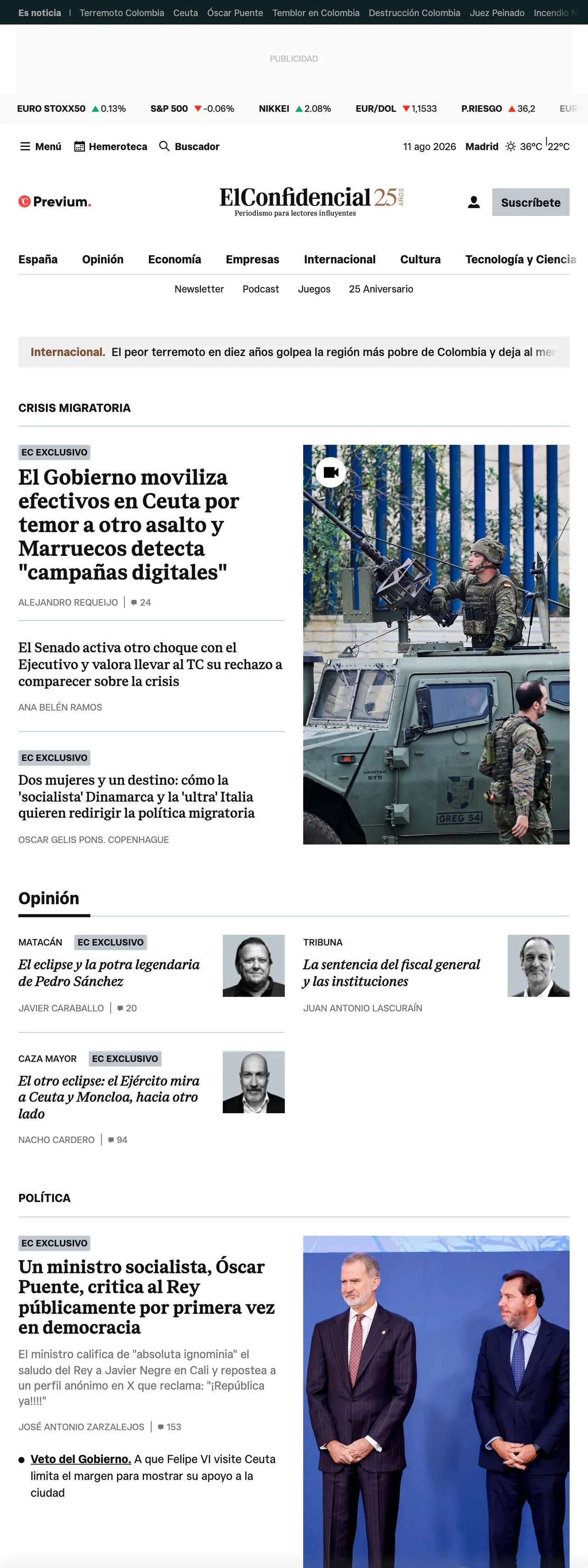 Screenshot of the El Confidencial front page