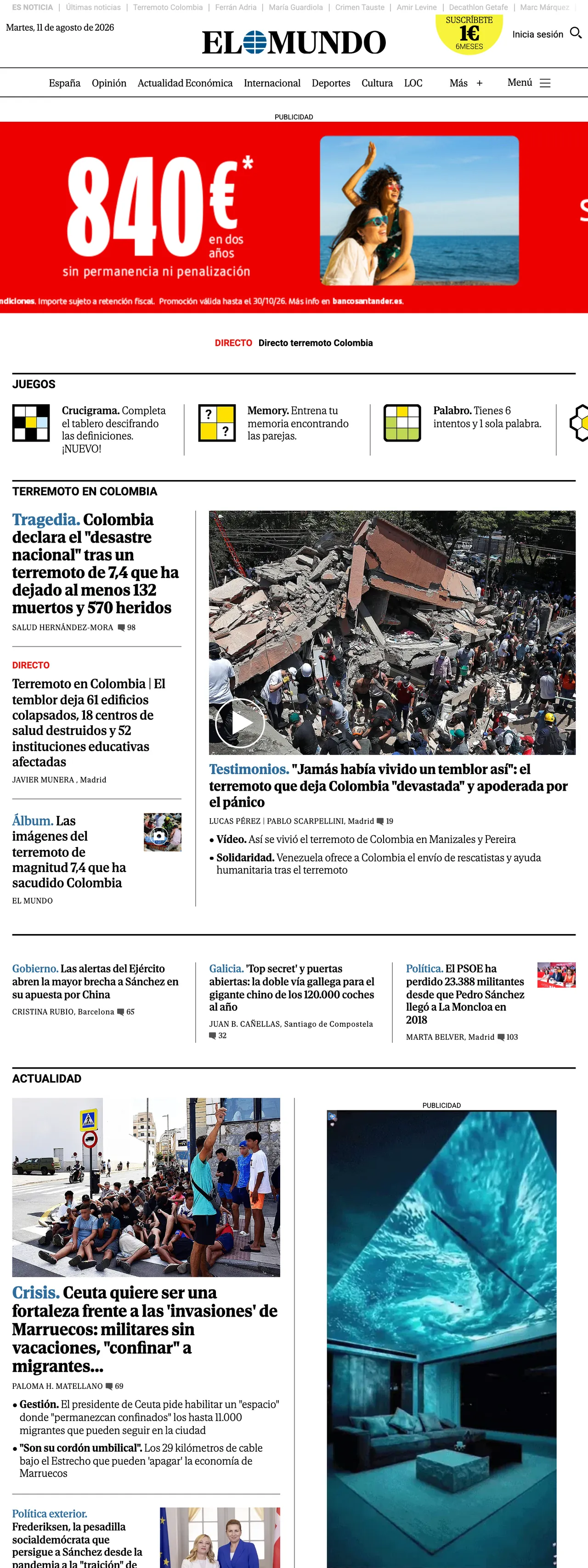Screenshot of the El Mundo front page