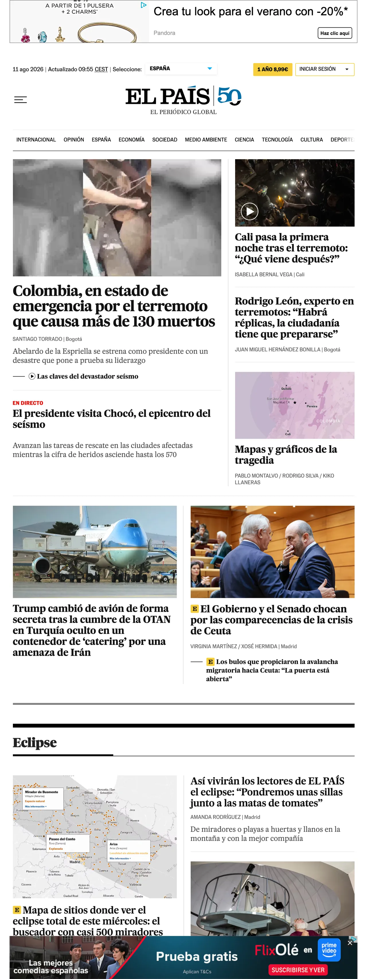 Screenshot of the EL PAÍS front page