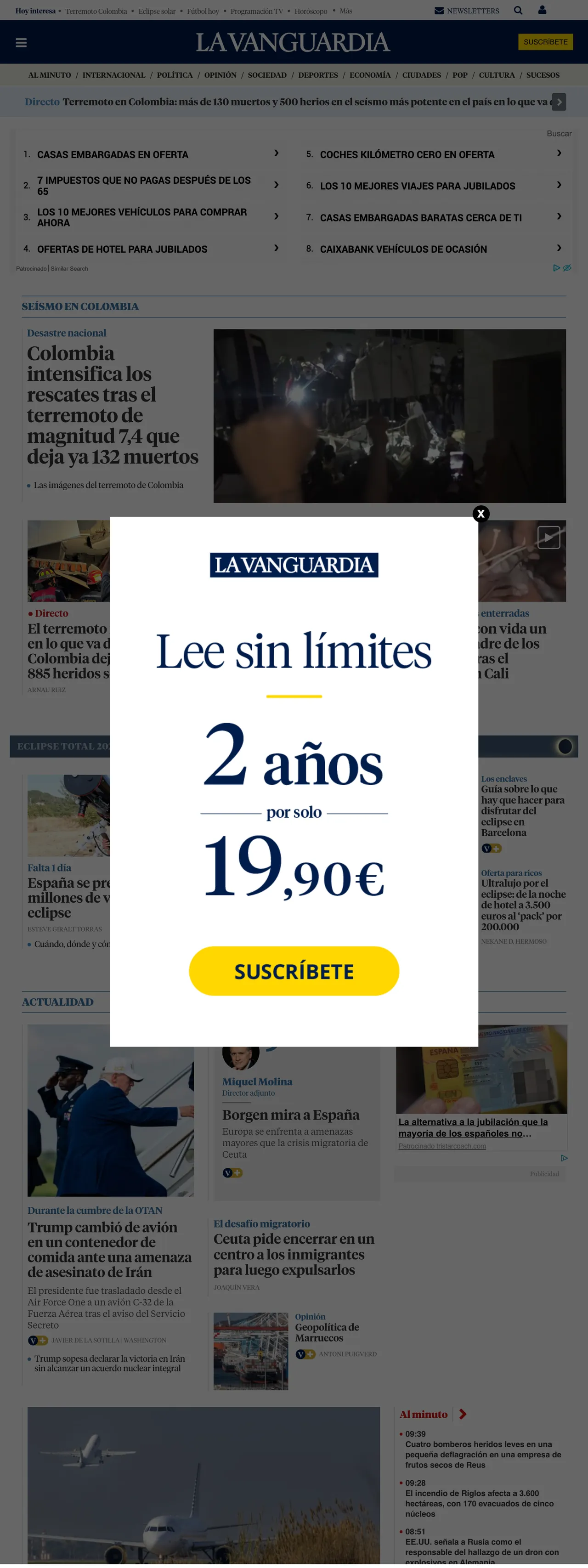 Screenshot of the La Vanguardia front page