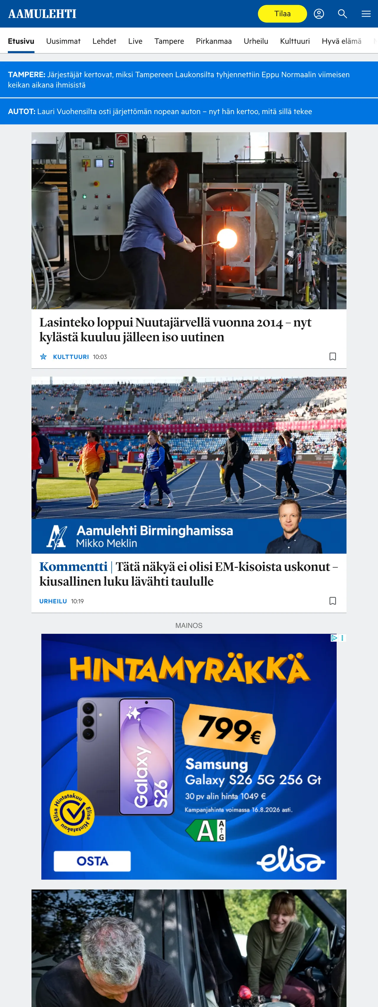 Screenshot of the Aamulehti front page