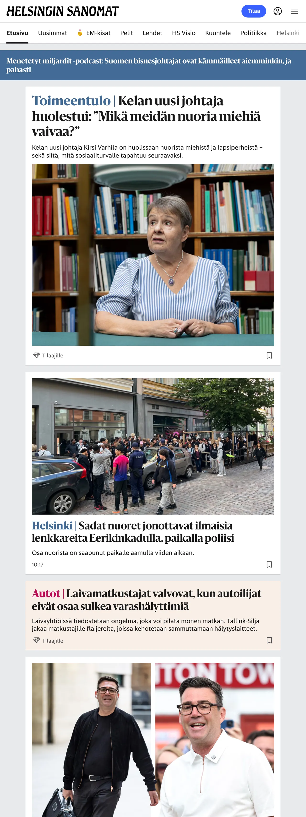 Screenshot of the Helsingin Sanomat front page