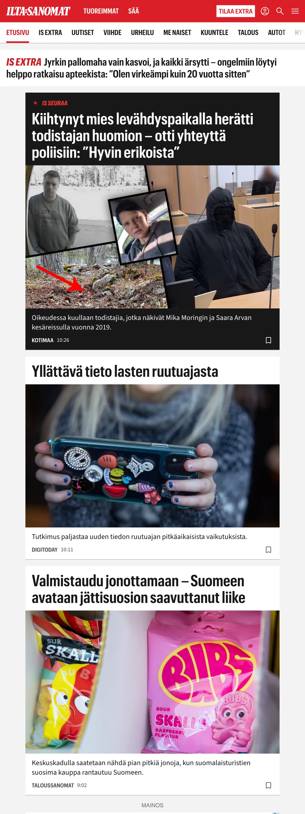 Screenshot of the Ilta-Sanomat front page
