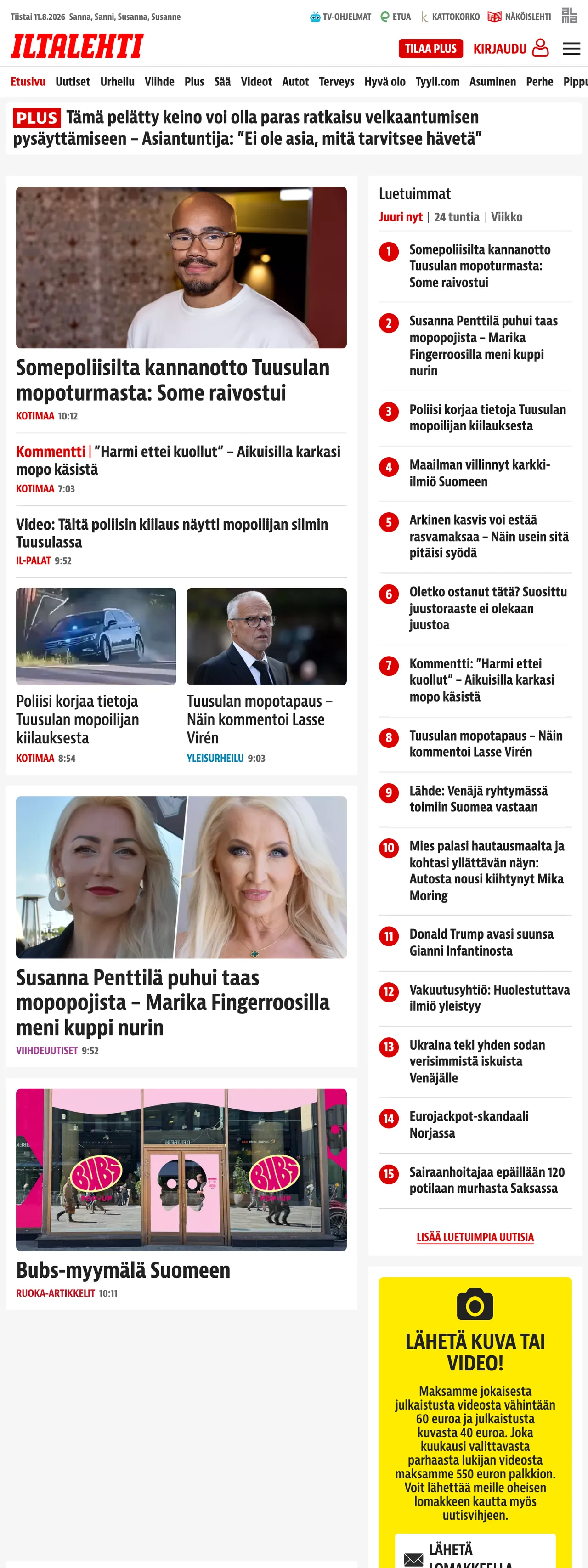 Screenshot of the Iltalehti front page