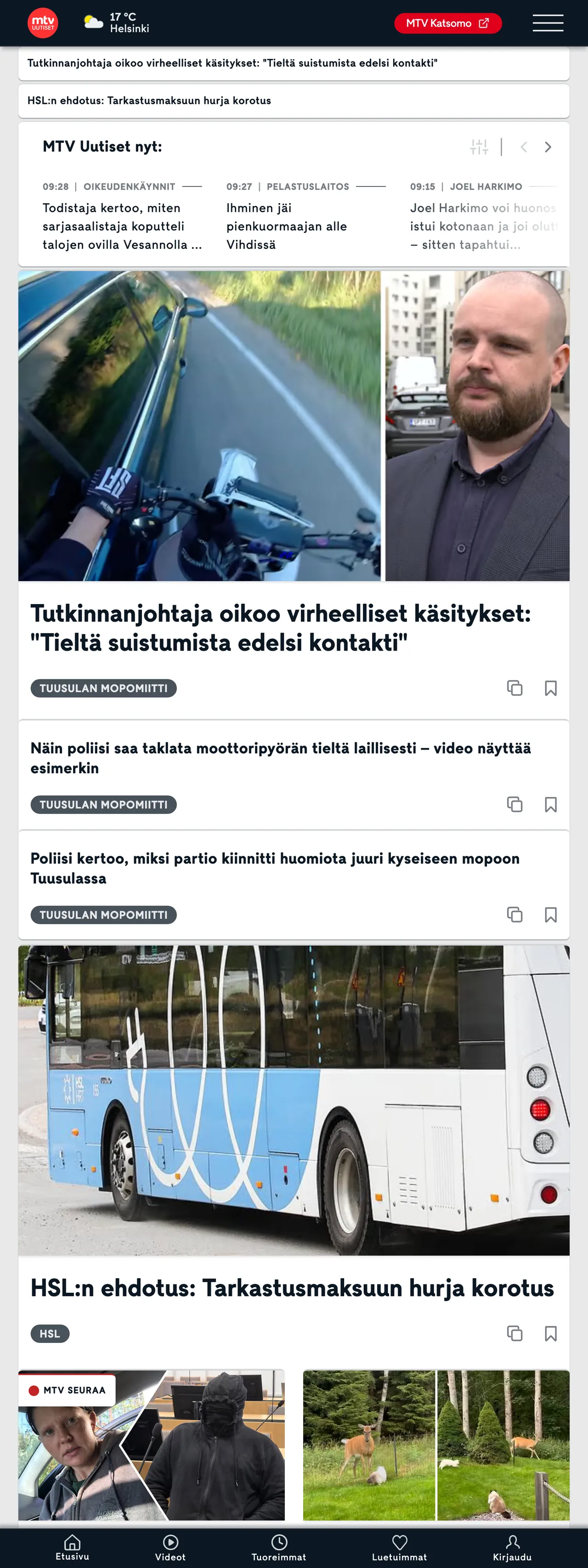 Screenshot of the MTV Uutiset front page