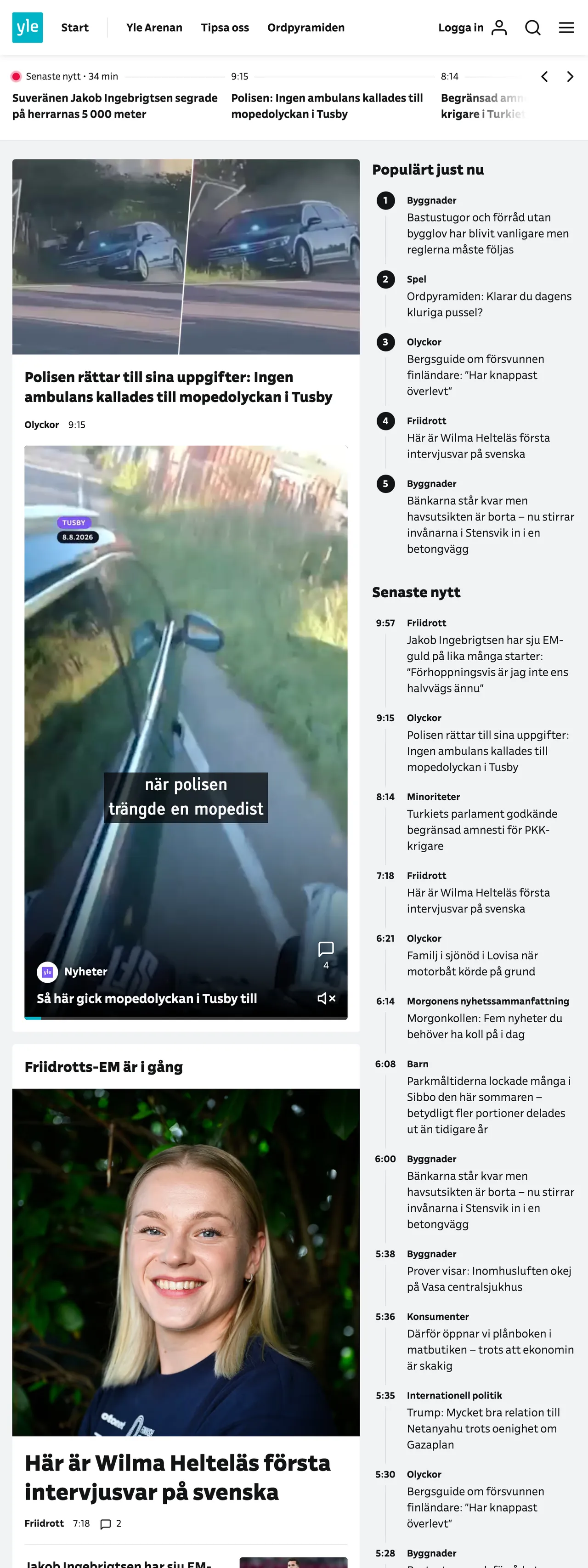 Screenshot of the Svenska Yle front page