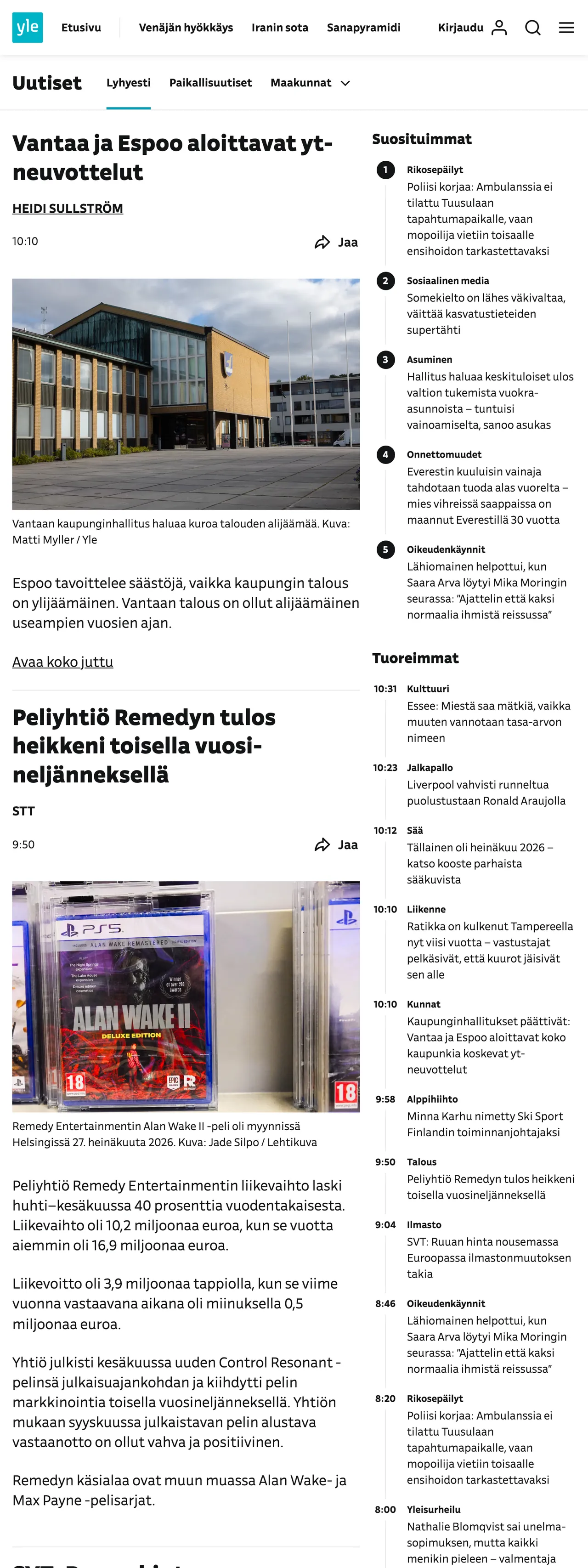 Screenshot of the Yle front page