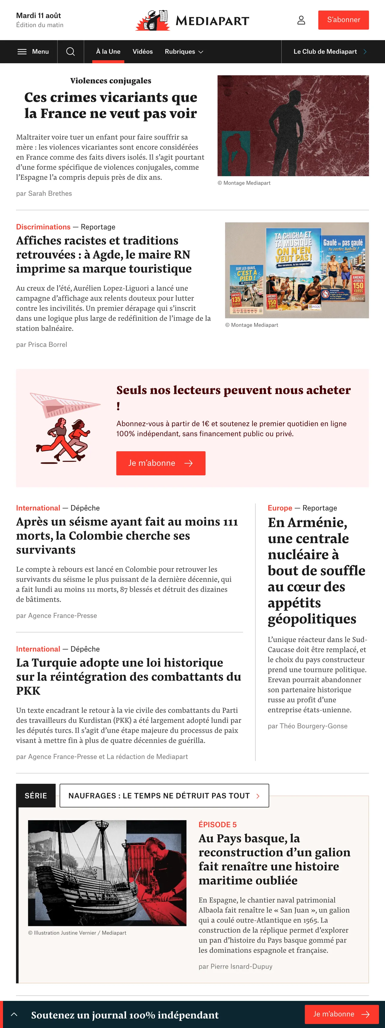 Screenshot of the Mediapart front page
