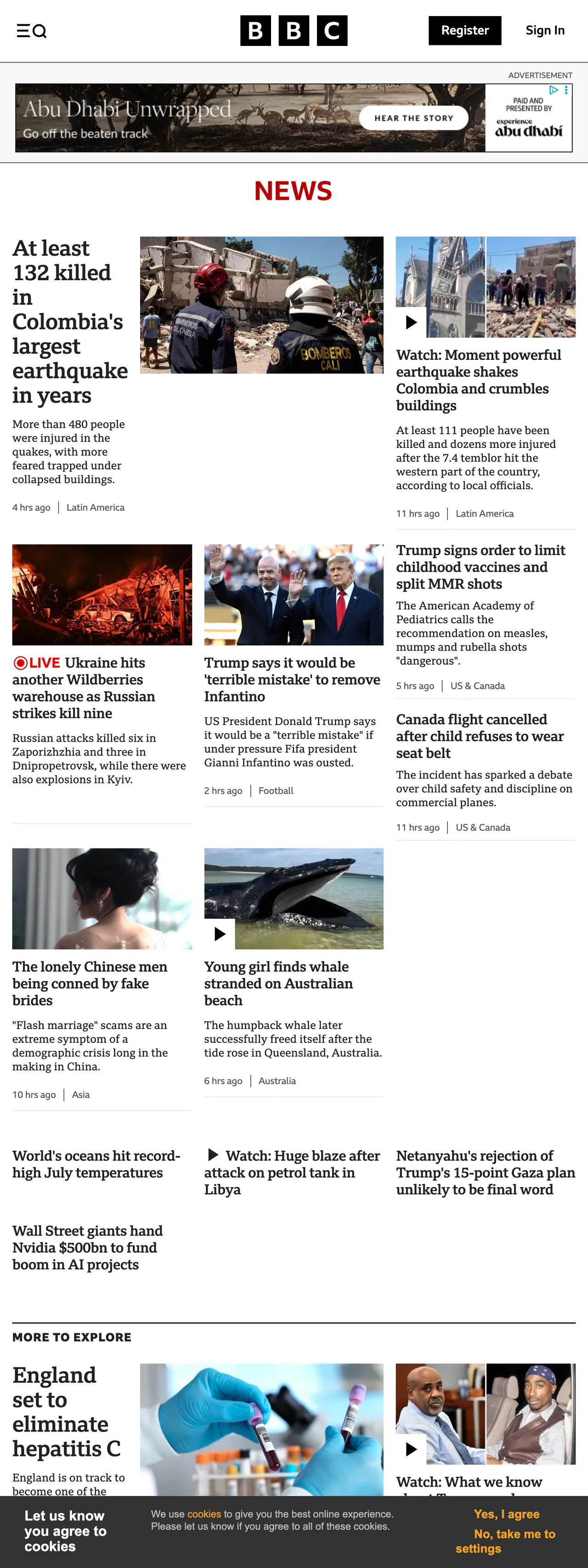Screenshot of the BBC News front page