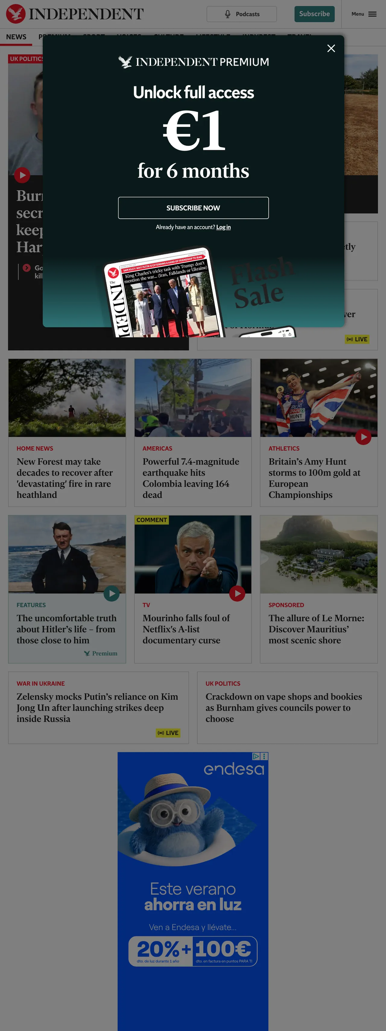 Screenshot of the The Independent front page