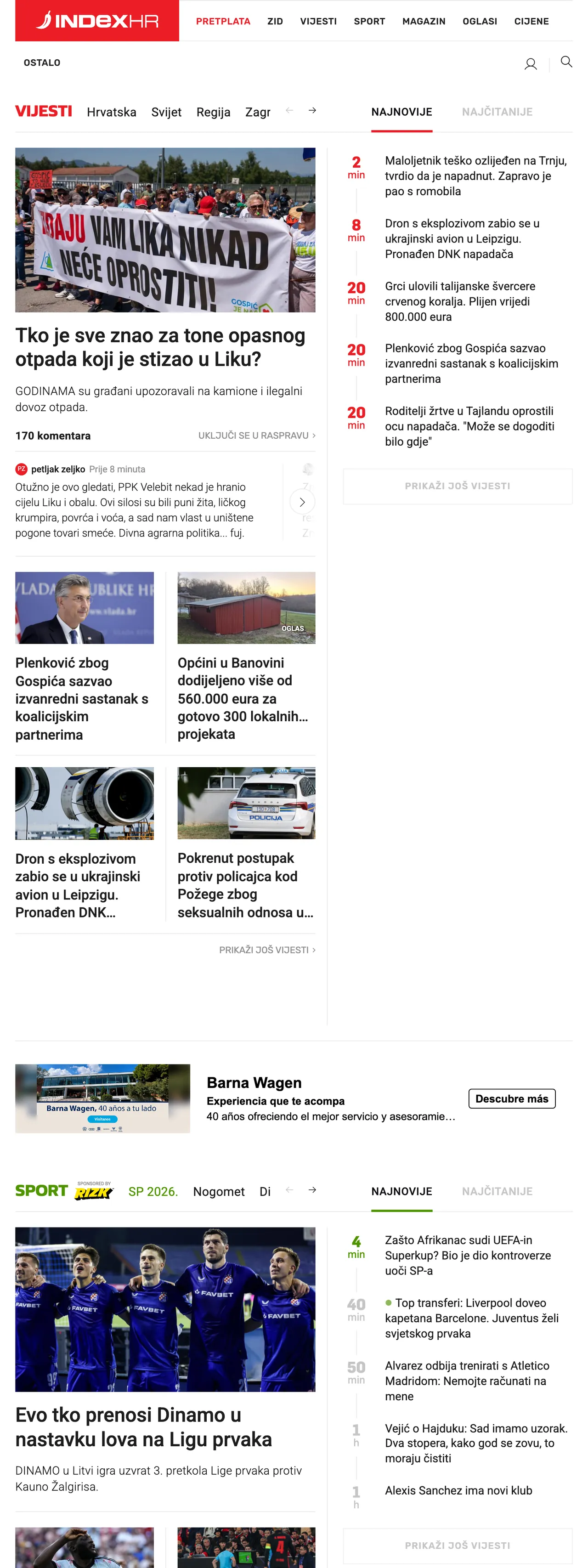 Screenshot of the Index.hr front page