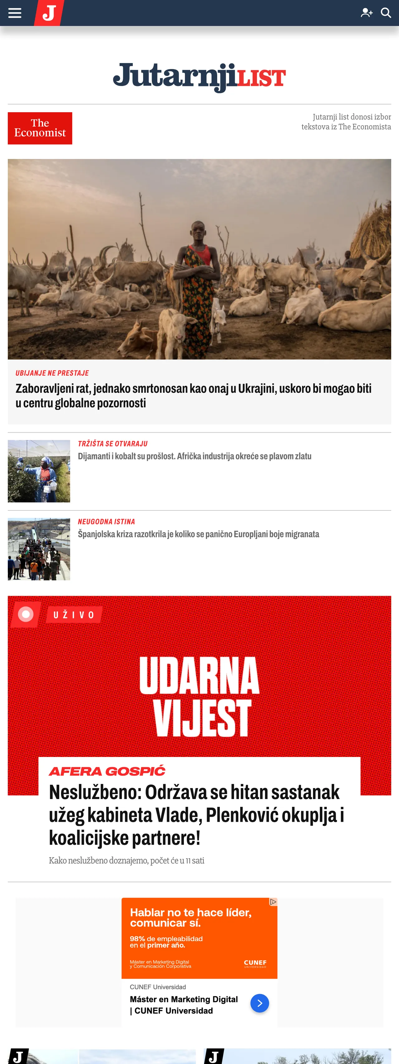 Screenshot of the Jutarnji list front page