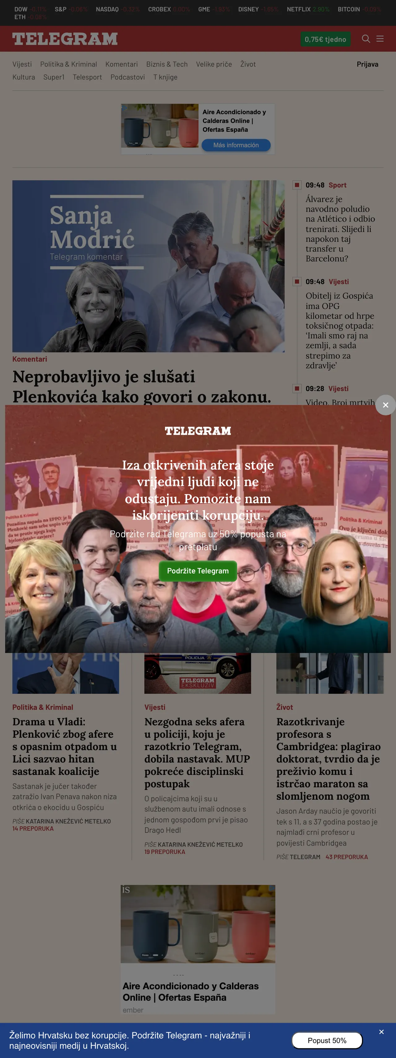Screenshot of the Telegram.hr front page
