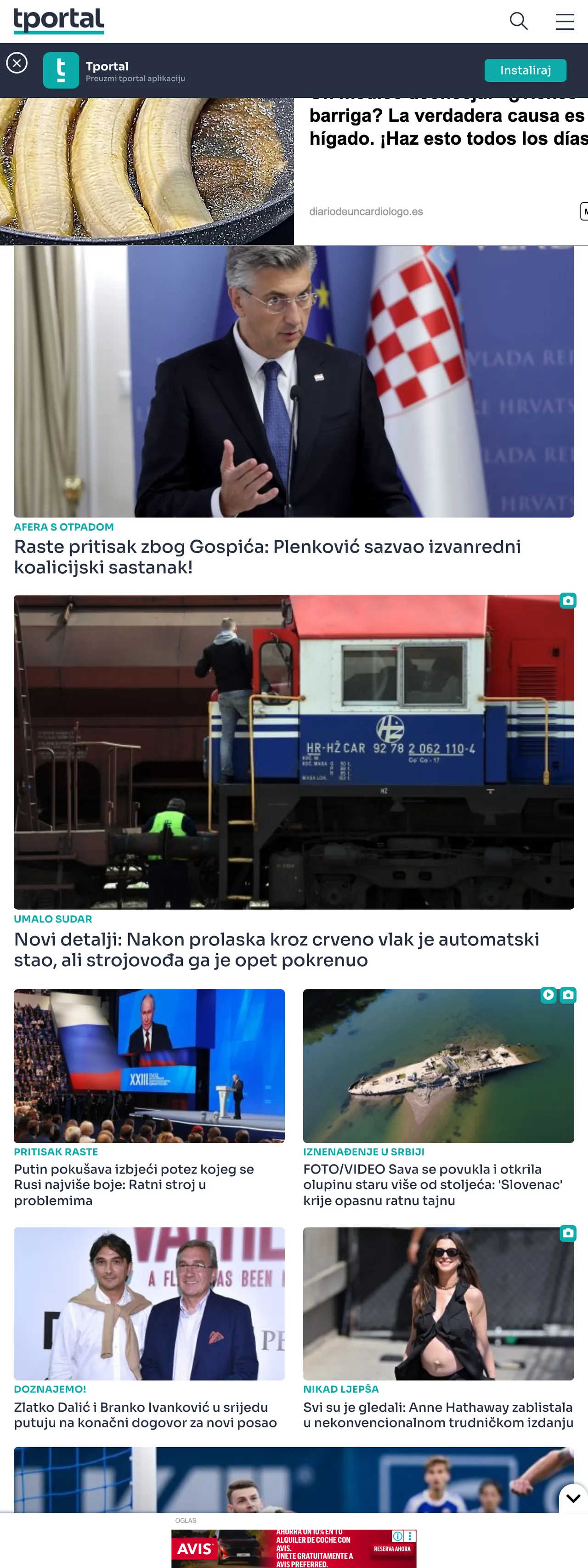 Screenshot of the tportal front page