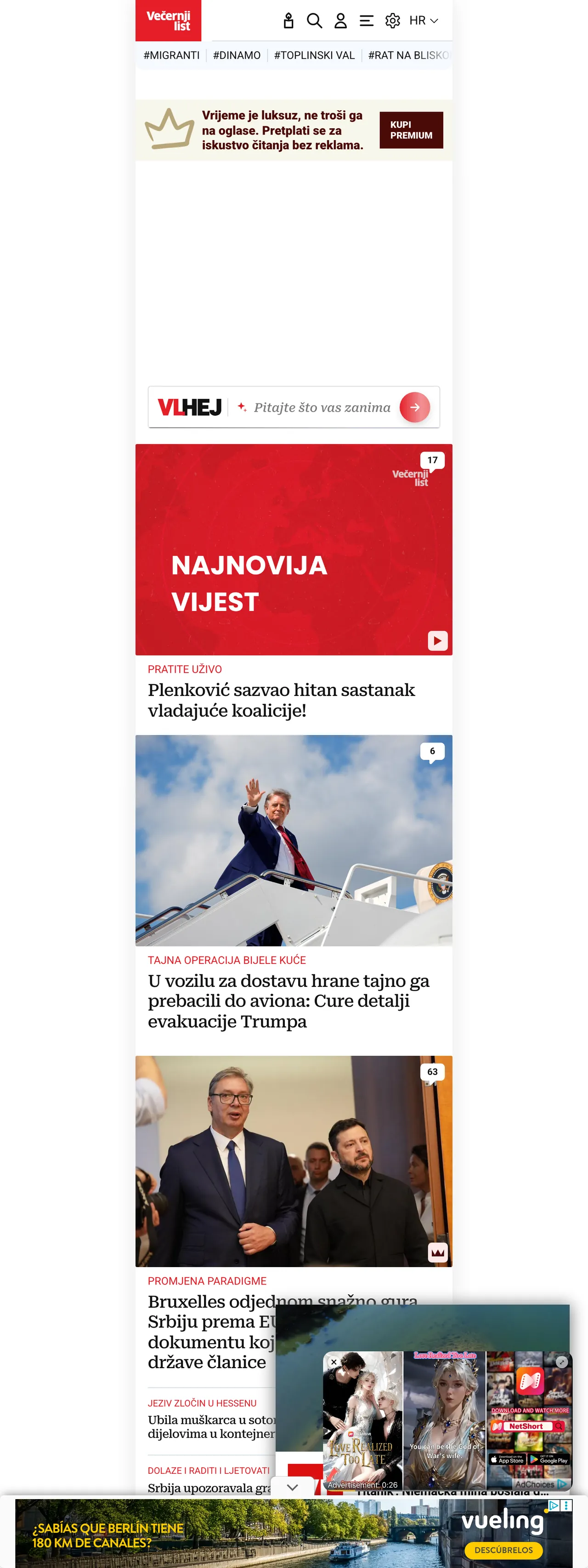 Screenshot of the Večernji list front page