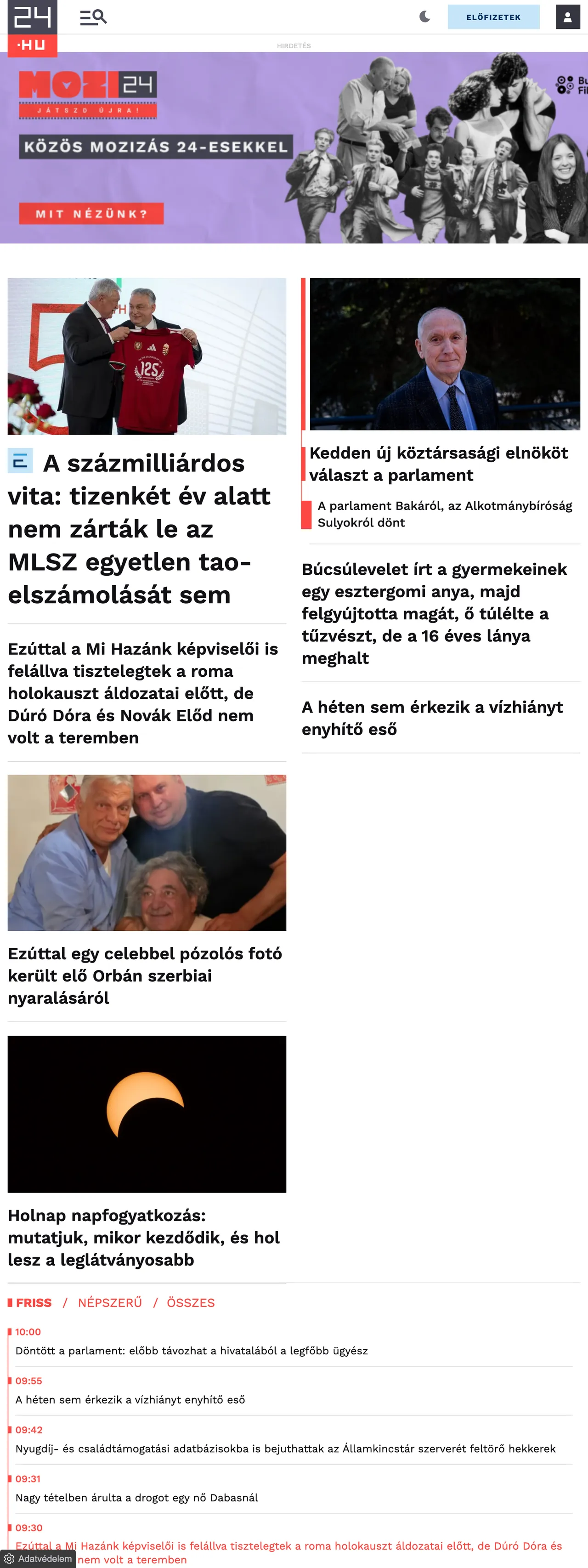 Screenshot of the 24.hu front page