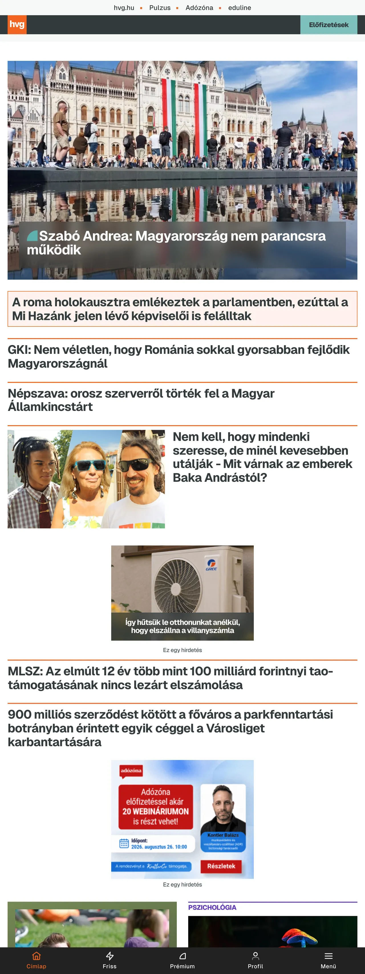 Screenshot of the HVG front page